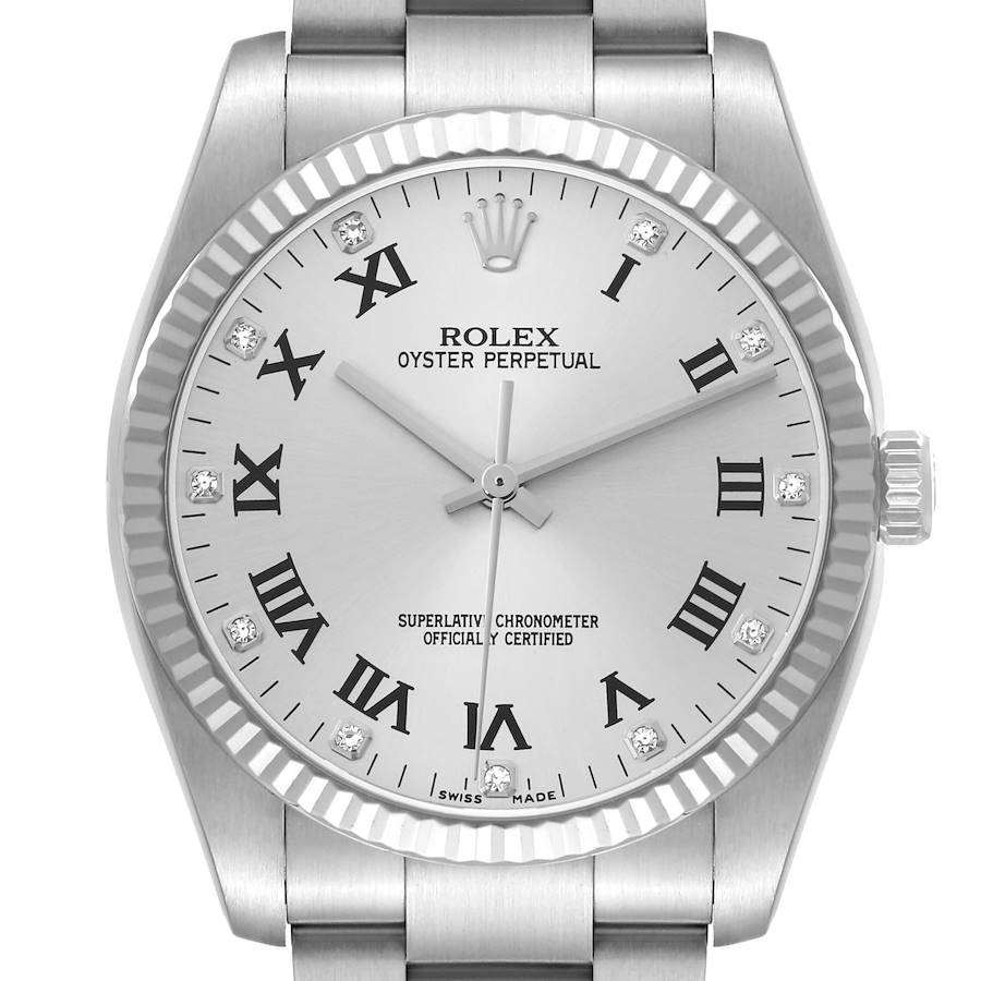 The Rolex Oyster Perpetual 116034 Men's Stainless Steel Silver Dial watch is shown from a front angle, displaying the dial, bezel, crown, and part of the bracelet.