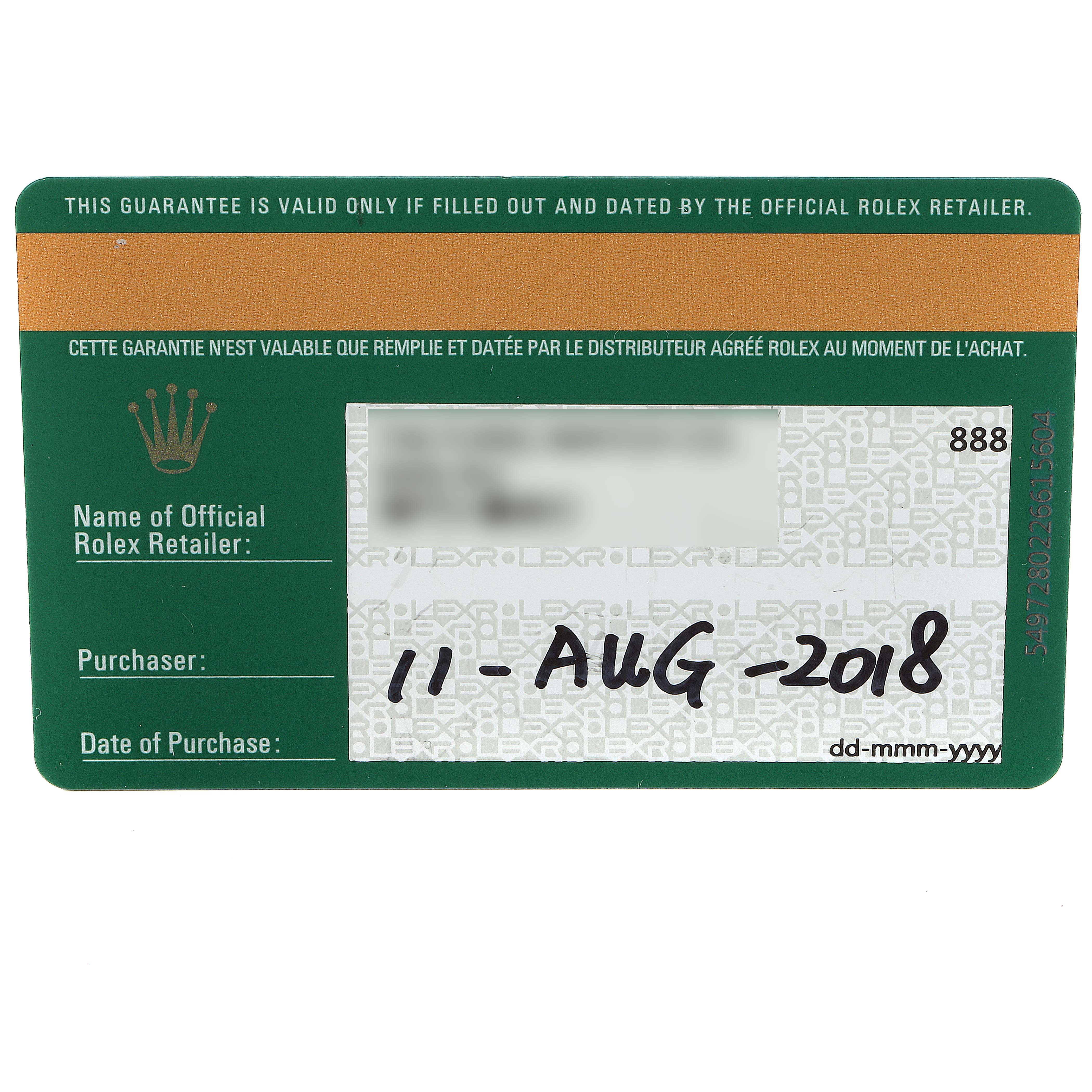 This image shows a warranty card for the Rolex Oyster Perpetual 114300 Men's Stainless Steel Blue Dial 114300 Men's Stainless Steel Blue Dial, including the date of purchase and other details.