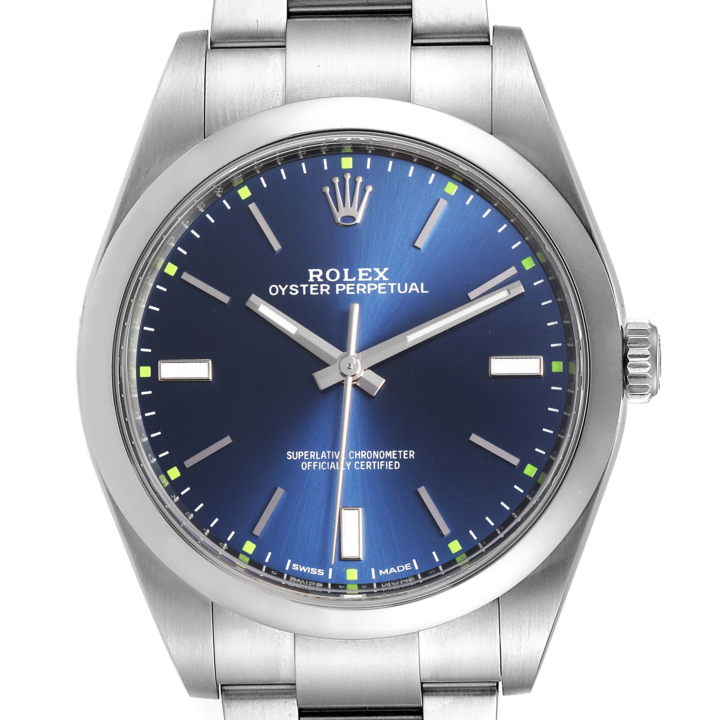This image shows a front view of the Rolex Oyster Perpetual 114300 Men's Stainless Steel Blue Dial 114300 Men's Stainless Steel Blue Dial watch with a blue dial and stainless steel bracelet.