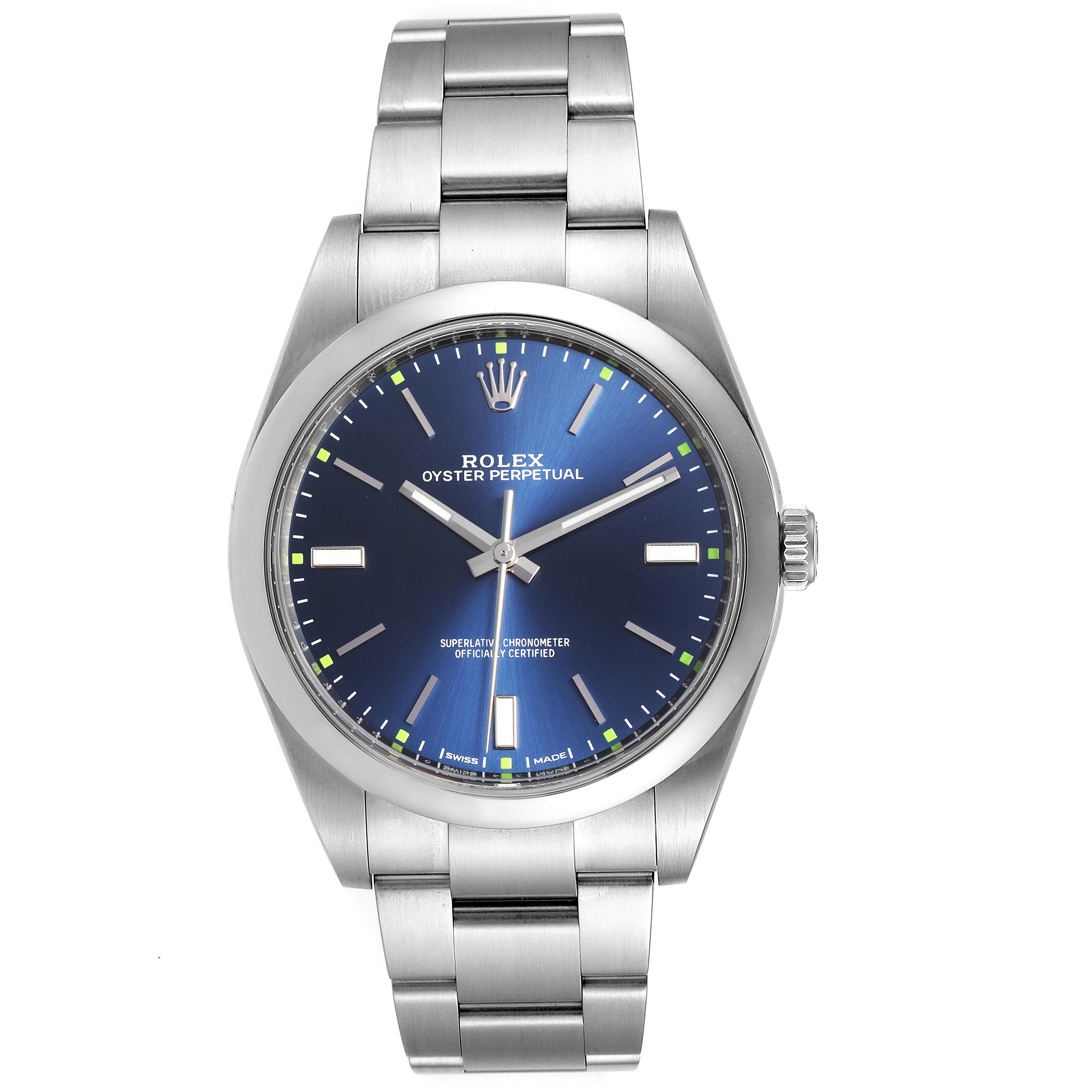 The image shows a front view of the Rolex Oyster Perpetual 114300 Men's Stainless Steel Blue Dial 114300 Men's Stainless Steel Blue Dial watch, displaying its blue dial and stainless steel bracelet.