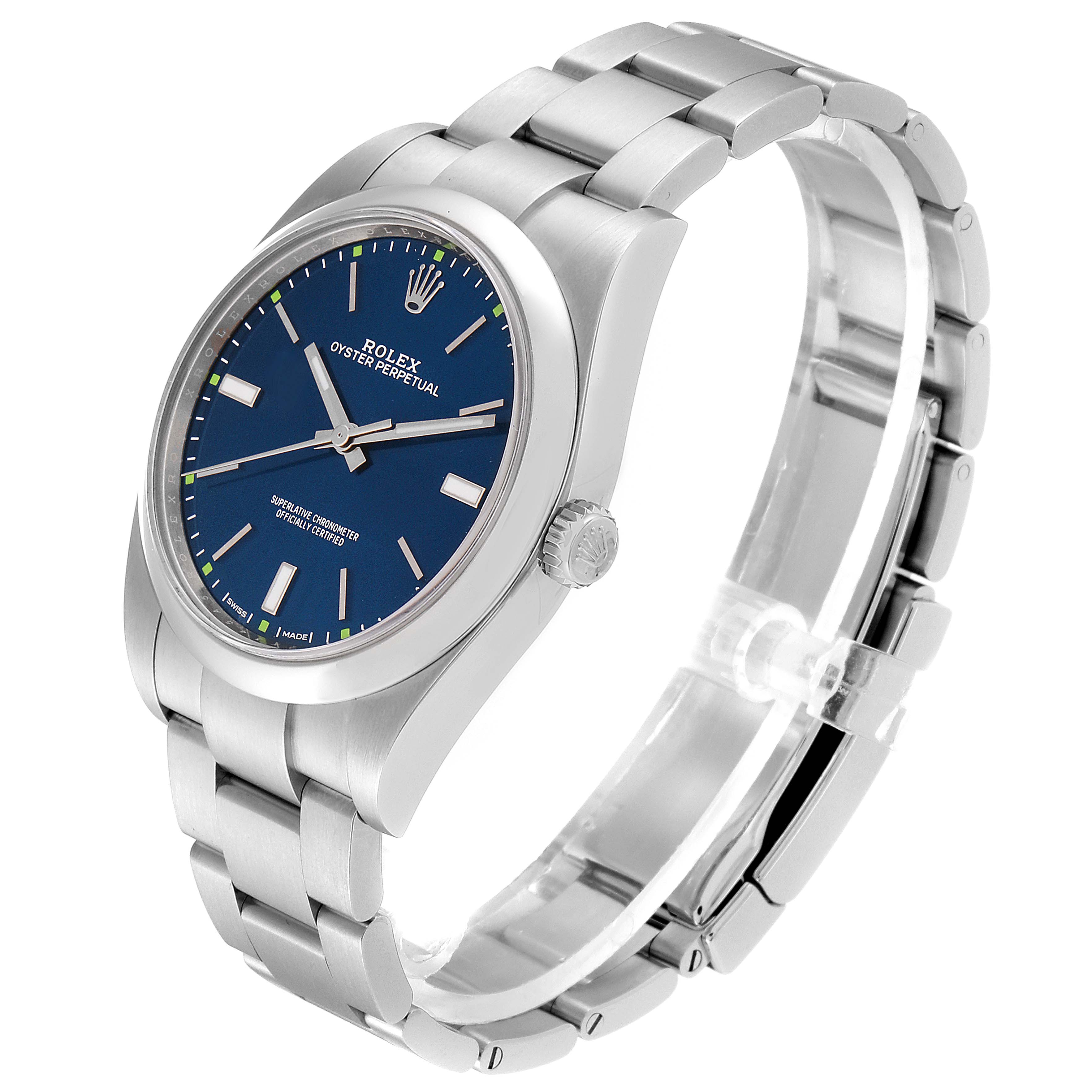 This image shows a side-angled view of a Rolex Oyster Perpetual 114300 Men's Stainless Steel Blue Dial 114300 Men's Stainless Steel Blue Dial watch, displaying its blue dial, case, and bracelet.
