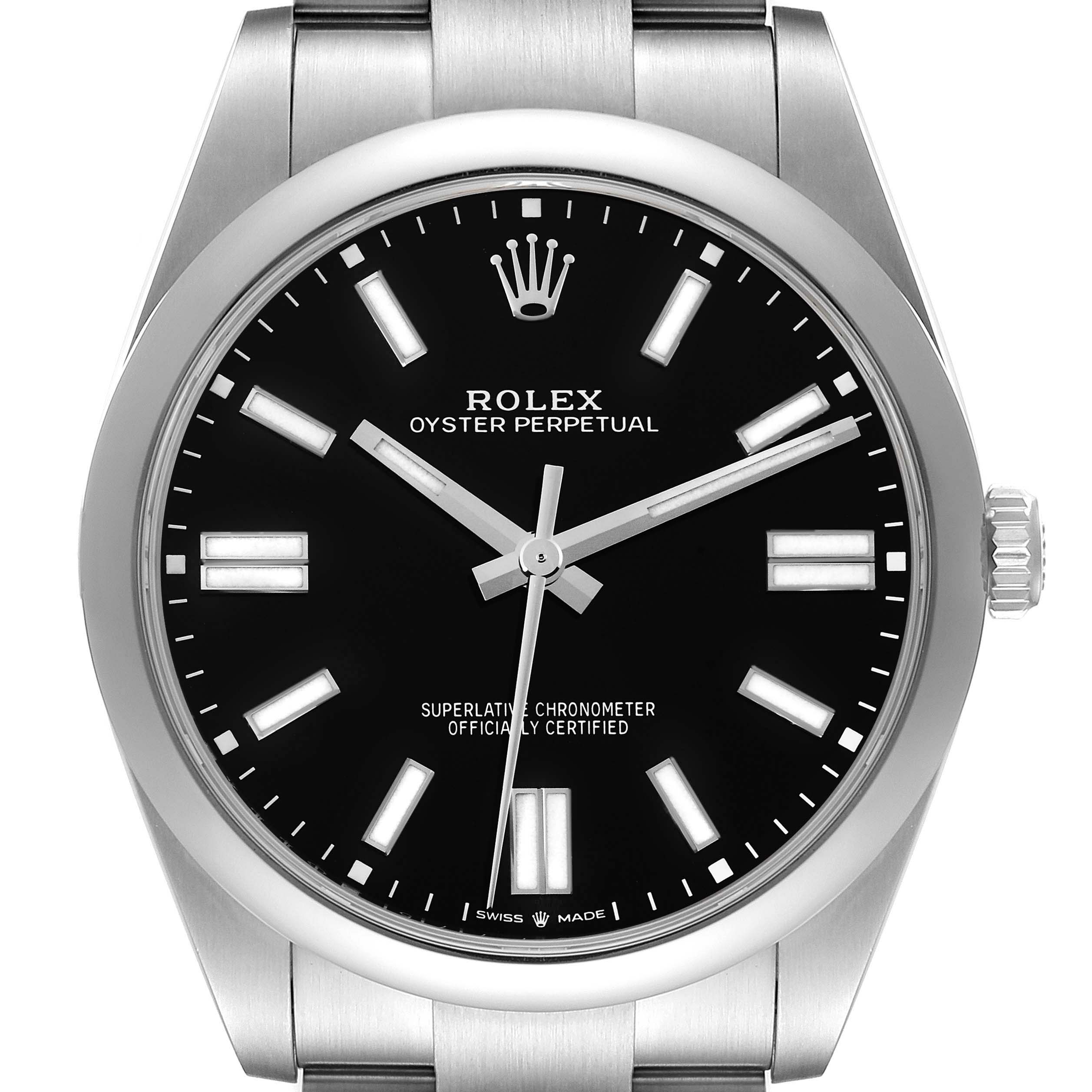 The Rolex Oyster Perpetual 124300 Men
s Stainless Steel Black Dial watch is shown from the front, highlighting the dial, hour markers, hands, crown, and part of the bracelet.