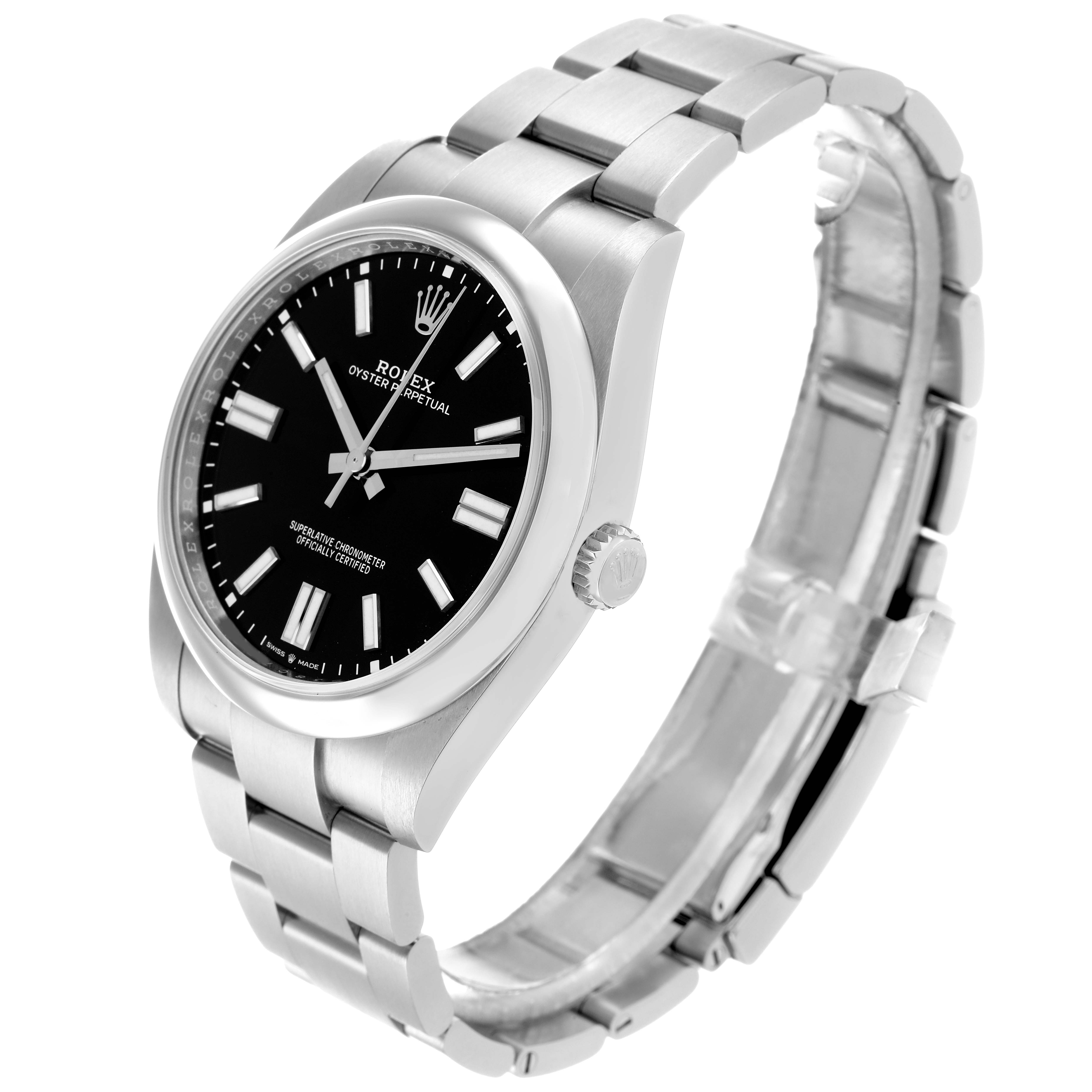 The Rolex Oyster Perpetual 124300 Men
s Stainless Steel Black Dial watch is shown at a slight angle, highlighting its black dial, silver bezel, and bracelet.