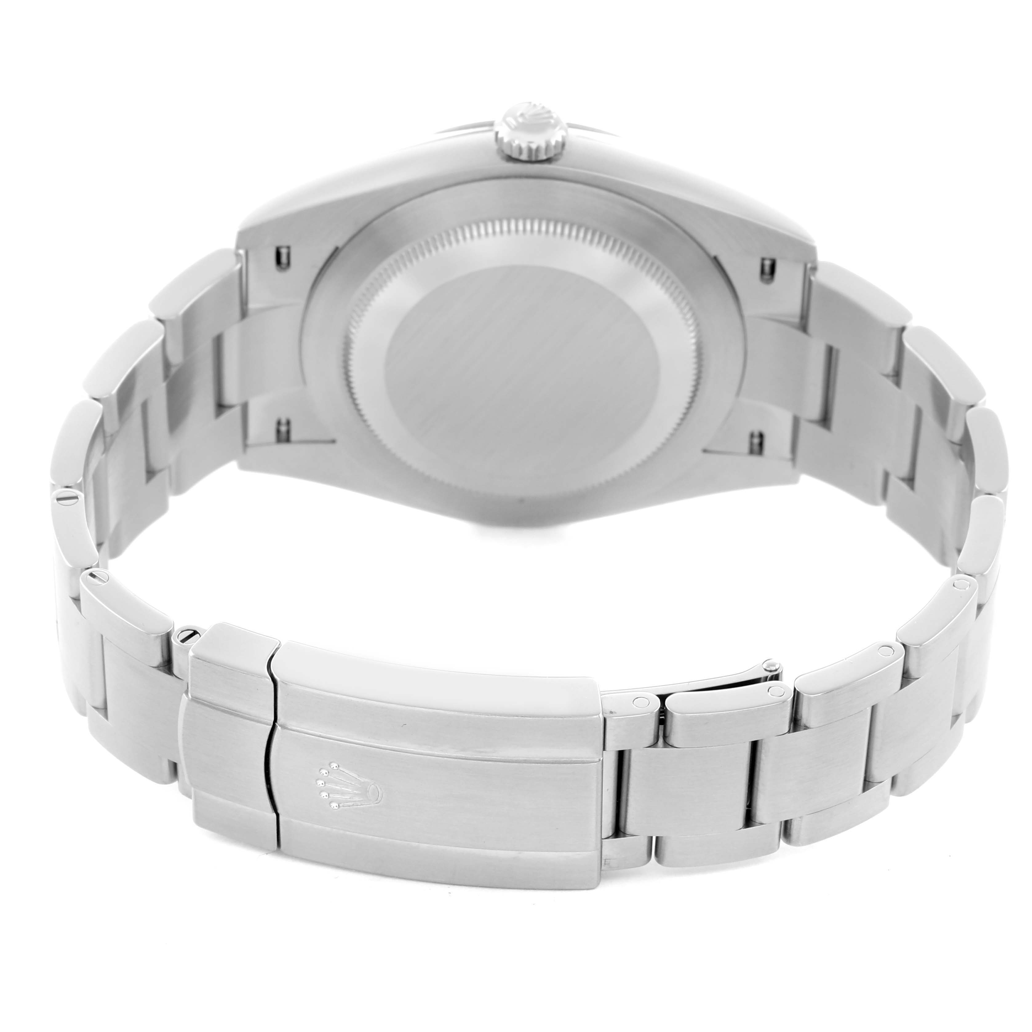 The Rolex Oyster Perpetual 124300 Men
s Stainless Steel Black Dial is shown from the back, highlighting the case back, crown, and bracelet clasp.