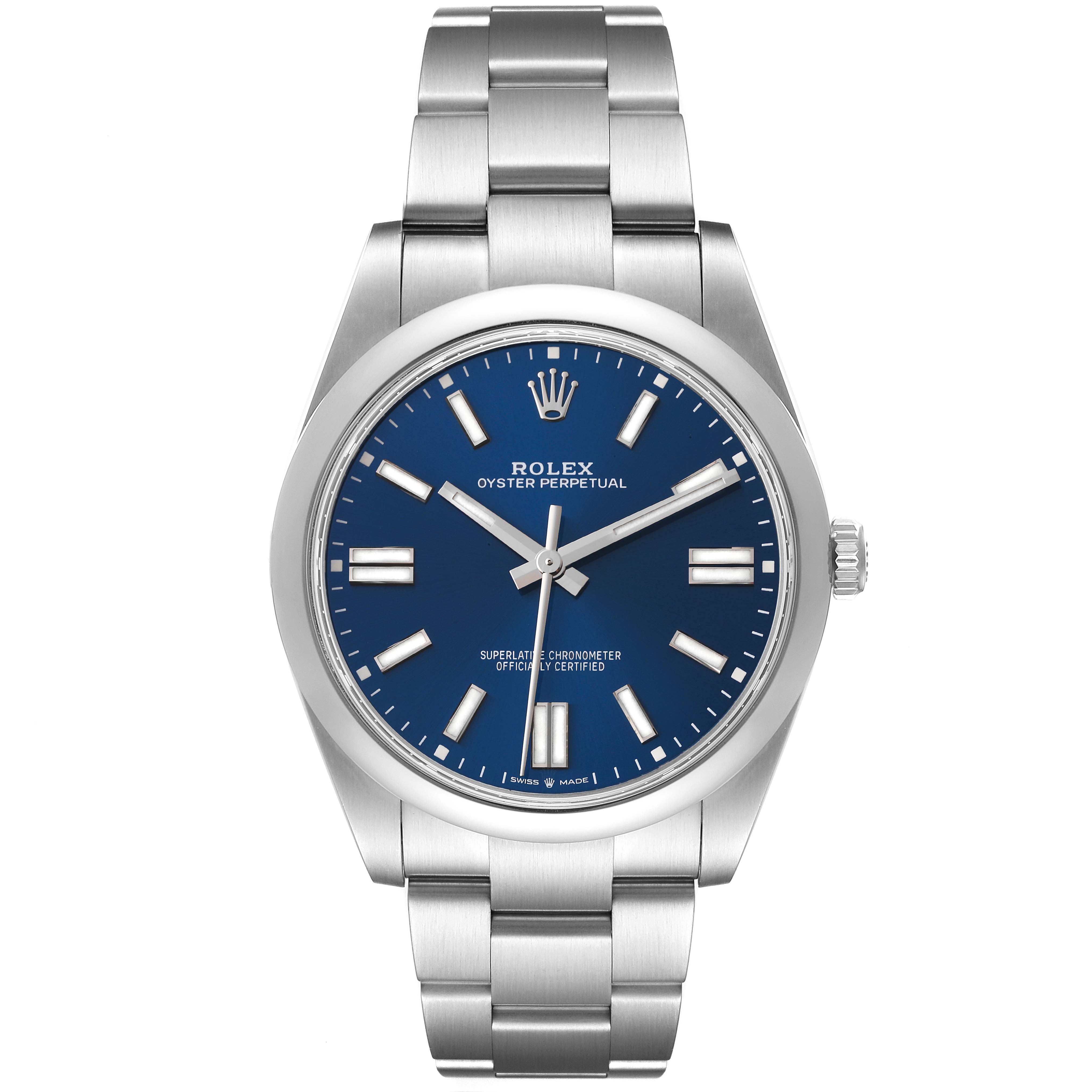 This is a front view of a Rolex Oyster Perpetual 124300 Men's Stainless Steel Blue Dial 124300 Men's Stainless Steel Blue Dial watch, showing the blue dial, stainless steel bracelet, and crown.