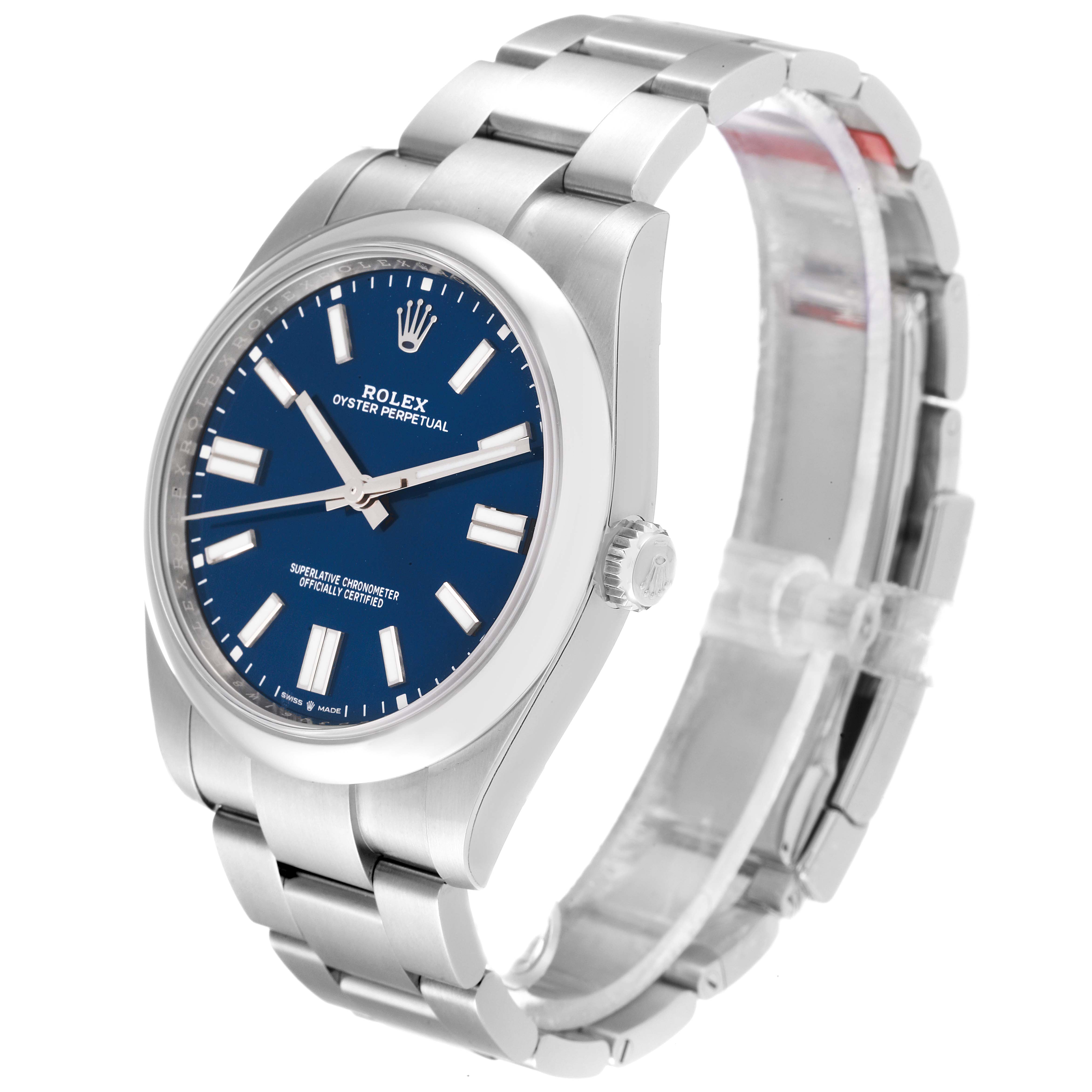 The image shows a Rolex Oyster Perpetual 124300 Men's Stainless Steel Blue Dial 124300 Men's Stainless Steel Blue Dial watch from a slight side angle, highlighting its blue dial and stainless steel bracelet.