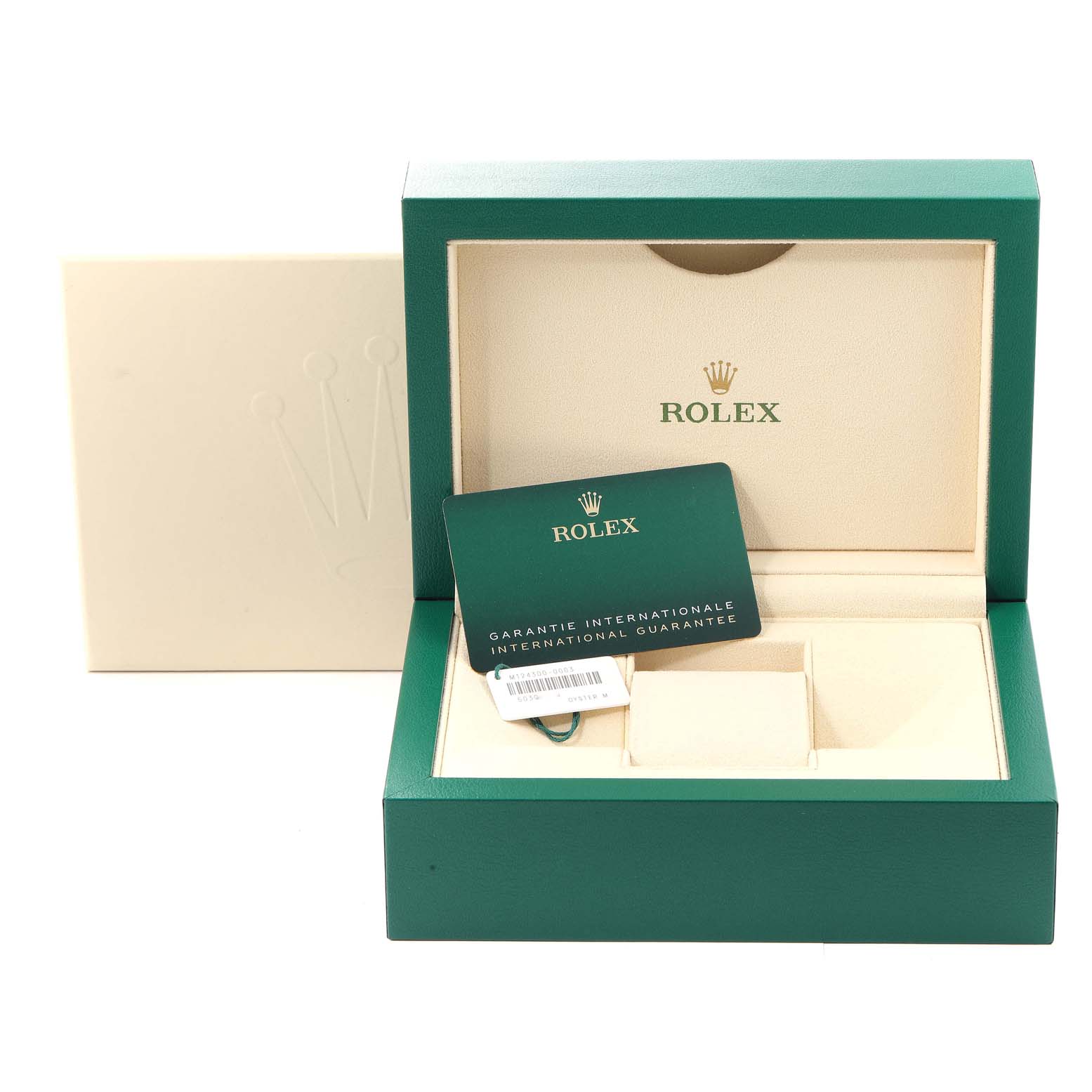 The image shows the packaging and warranty card for a Rolex Oyster Perpetual 124300 Men's Stainless Steel Blue Dial 124300 Men's Stainless Steel Blue Dial watch.