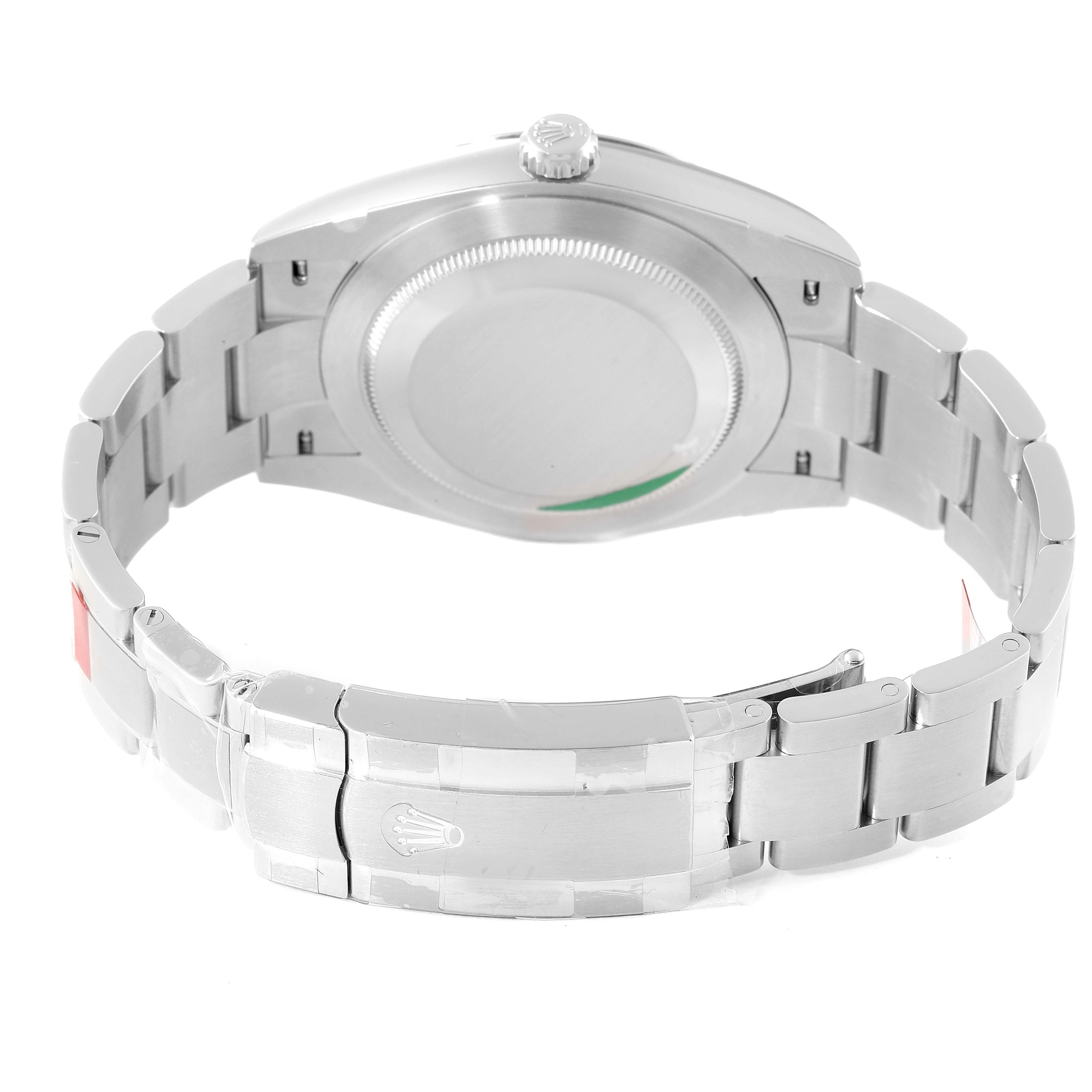 The image shows the back view of a Rolex Oyster Perpetual 124300 Men's Stainless Steel Blue Dial 124300 Men's Stainless Steel Blue Dial, highlighting the case back and bracelet with clasp.