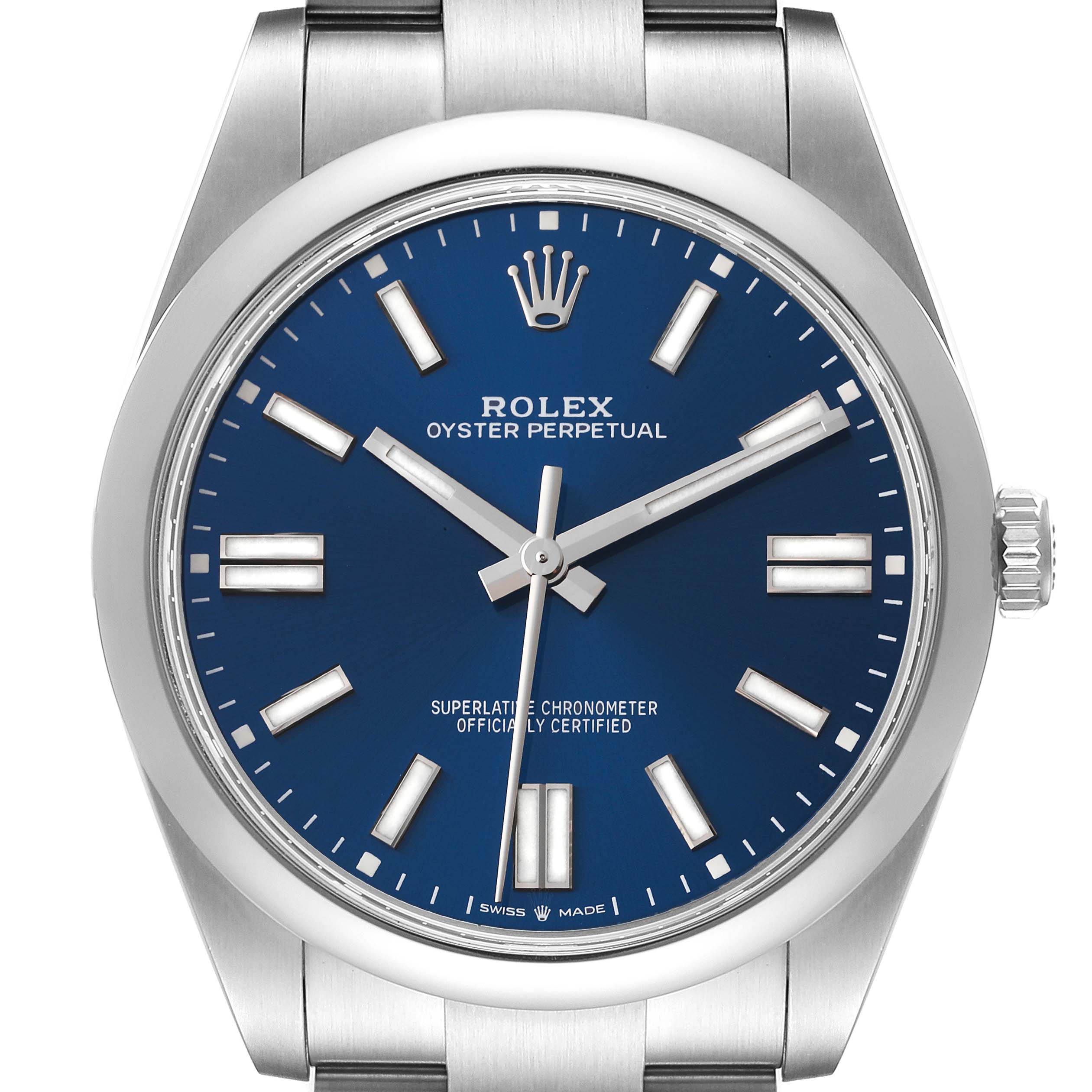 This image shows a front view of the Rolex Oyster Perpetual 124300 Men's Stainless Steel Blue Dial 124300 Men's Stainless Steel Blue Dial watch, highlighting its blue dial, hands, and bracelet.