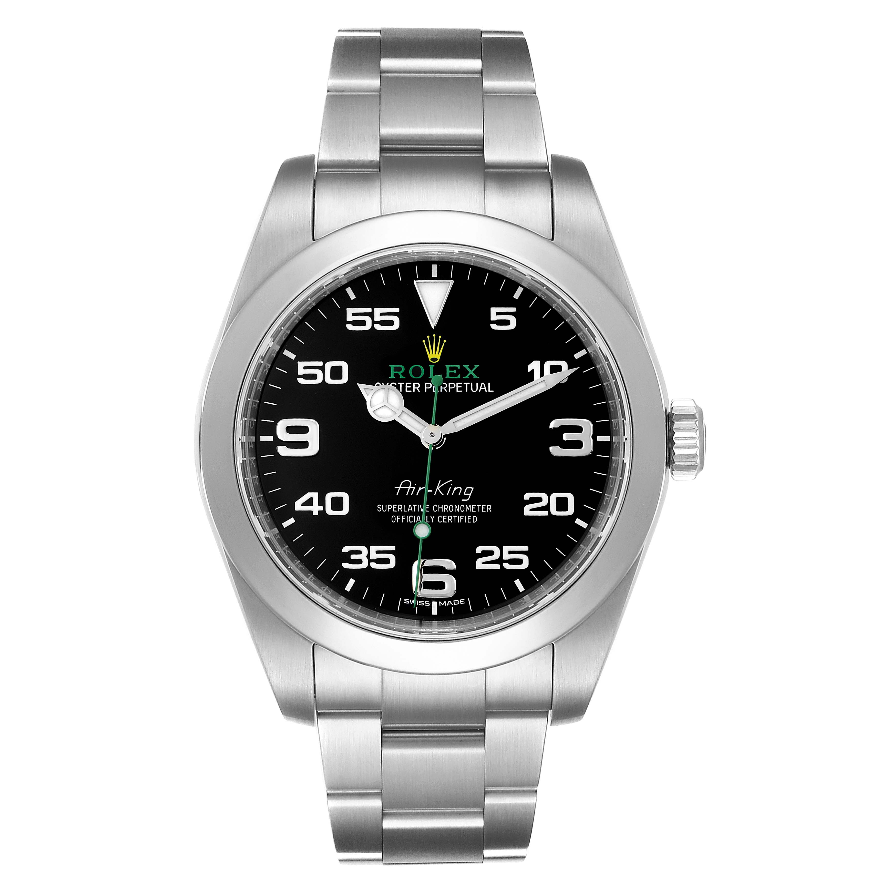 The image shows a front view of a Rolex Air-King 116900 Men's Stainless Steel Black Dial 116900 Men's Stainless Steel Black Dial watch, displaying its face, bezel, and bracelet.
