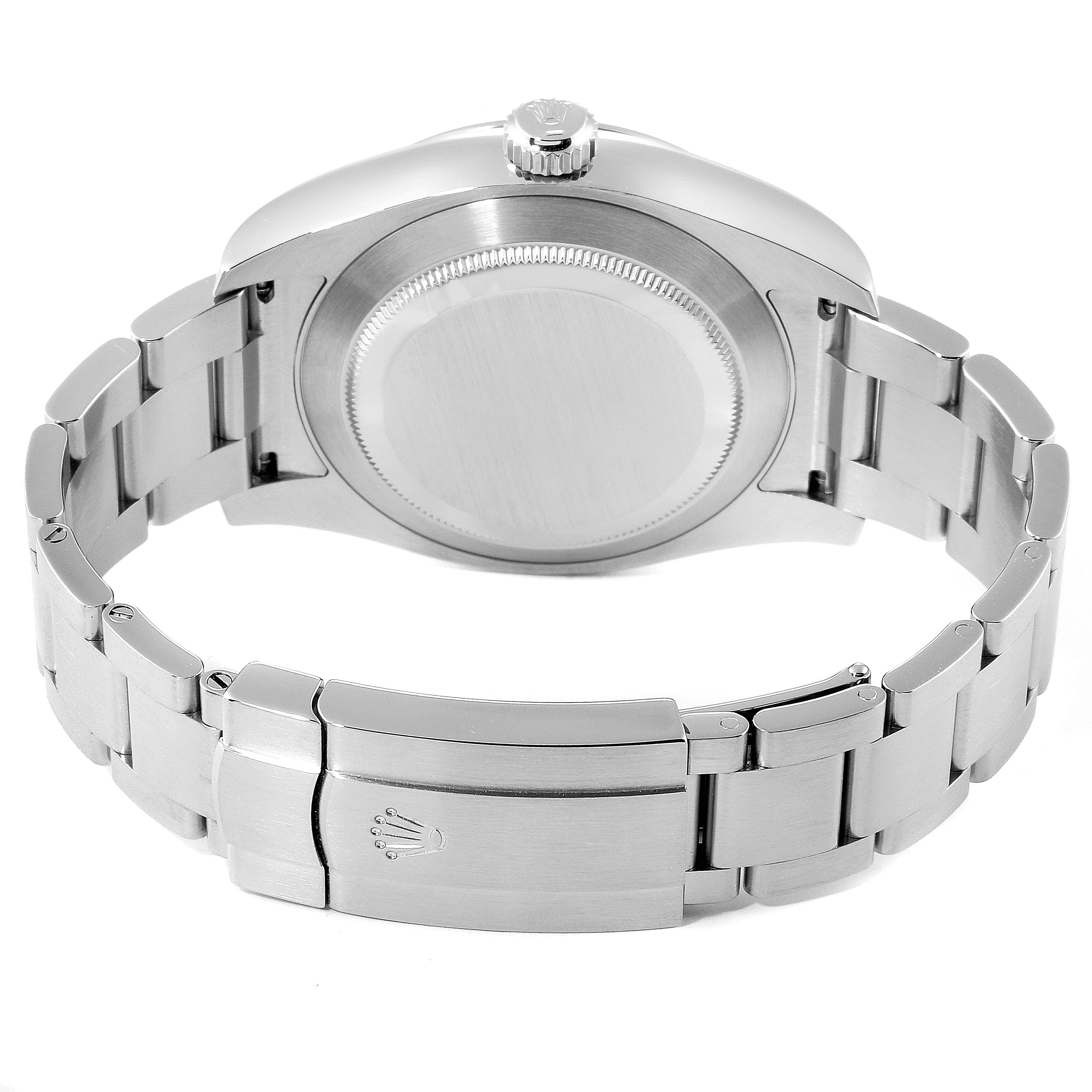 The image shows the back view of a Rolex Air-King 116900 Men's Stainless Steel Black Dial 116900 Men's Stainless Steel Black Dial watch, highlighting the case back and the bracelet with the clasp.