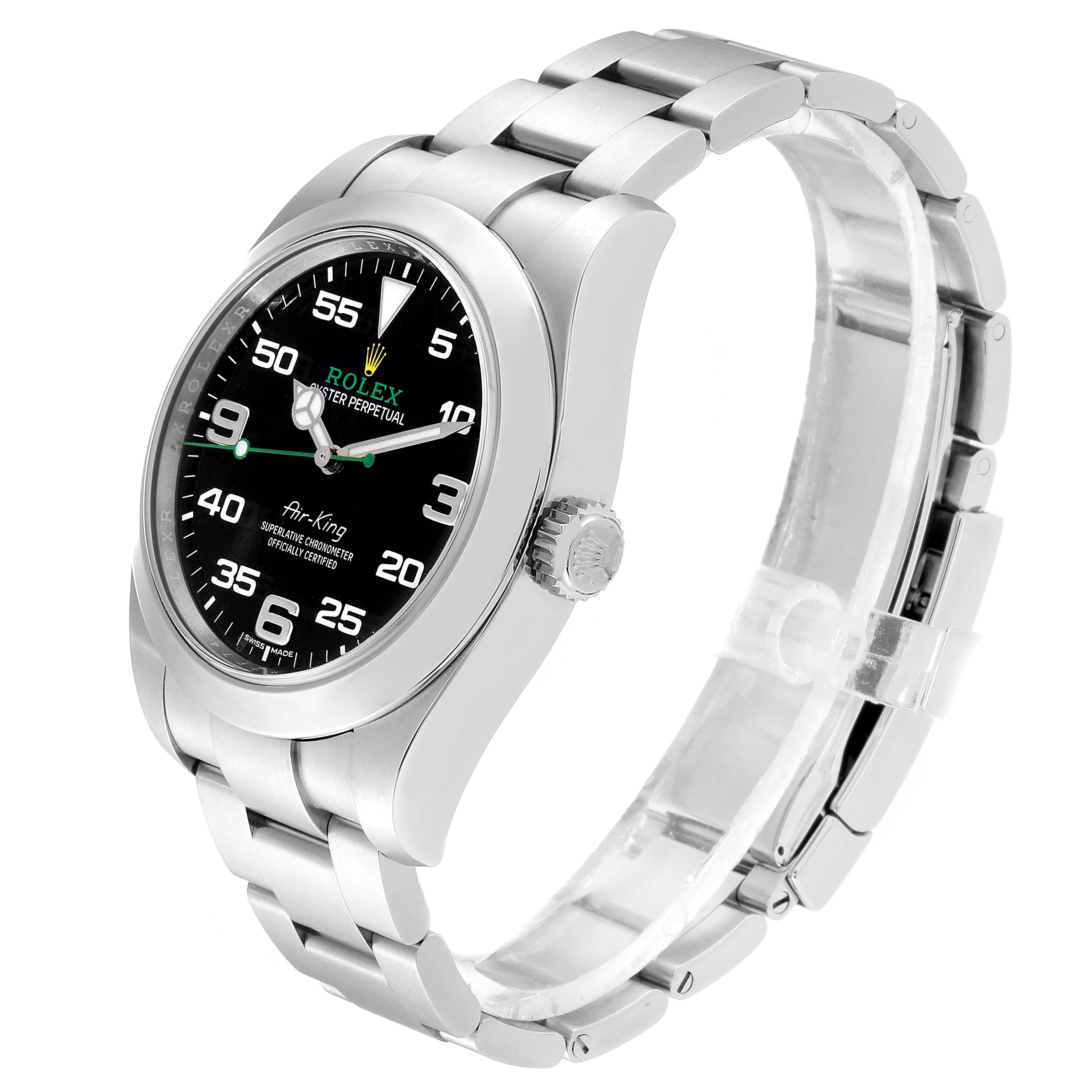 The image shows a side view of the Rolex Air-King 116900 Men's Stainless Steel Black Dial 116900 Men's Stainless Steel Black Dial watch, featuring its black dial, stainless steel case, and bracelet.