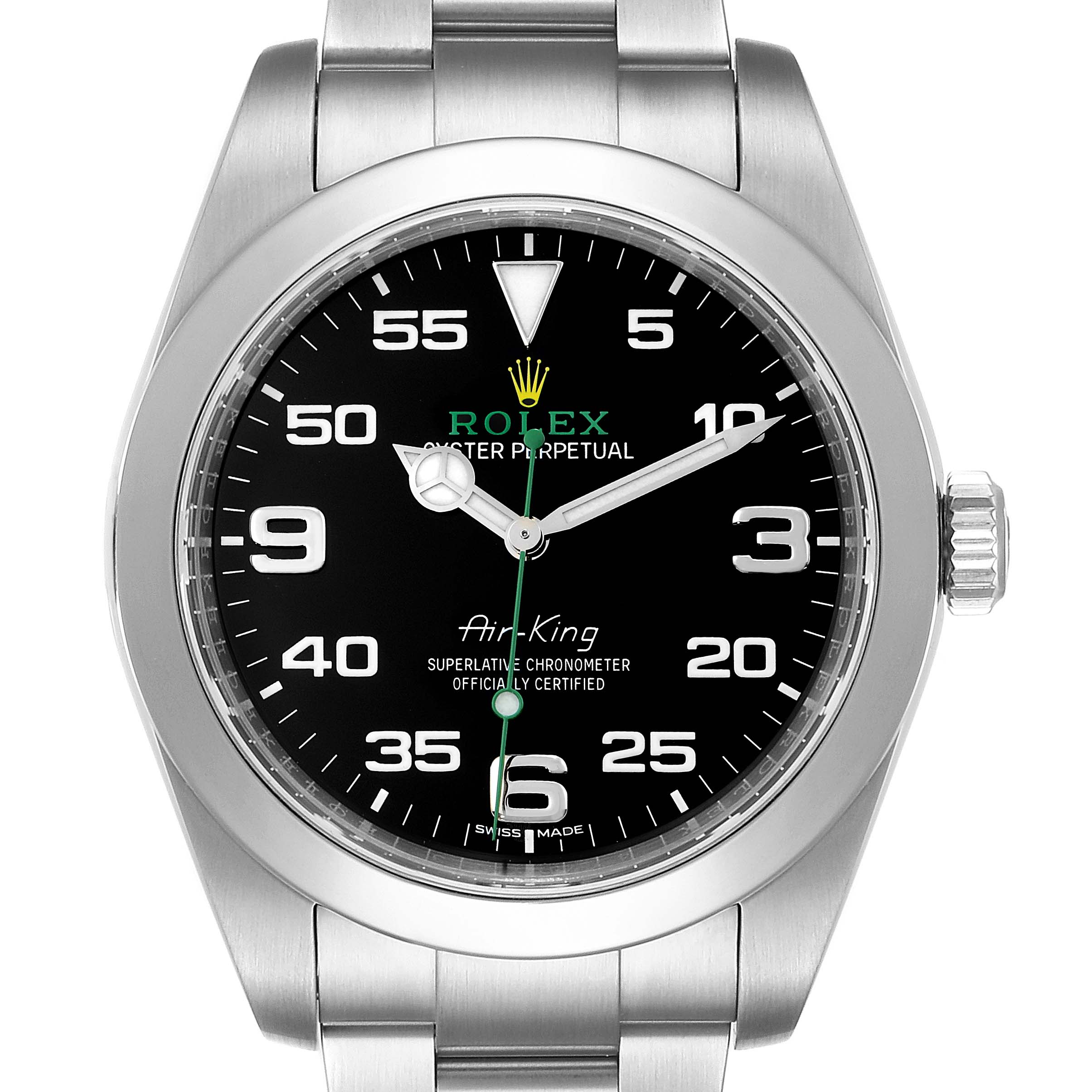 The image shows a front view of a Rolex Air-King 116900 Men's Stainless Steel Black Dial 116900 Men's Stainless Steel Black Dial watch, displaying its black dial, silver bracelet, and crown.