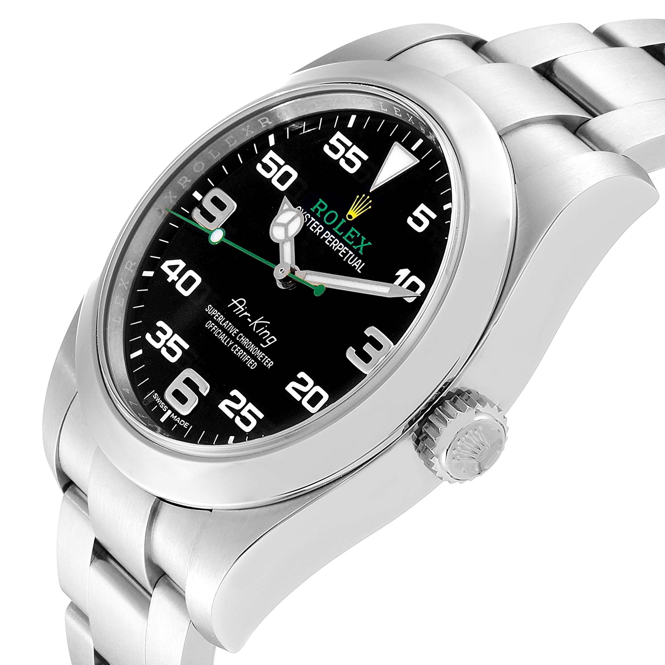 The image shows a close-up, angled view of the Rolex Air-King 116900 Men's Stainless Steel Black Dial 116900 Men's Stainless Steel Black Dial watch, focusing on its dial, bezel, crown, and part of the bracelet.