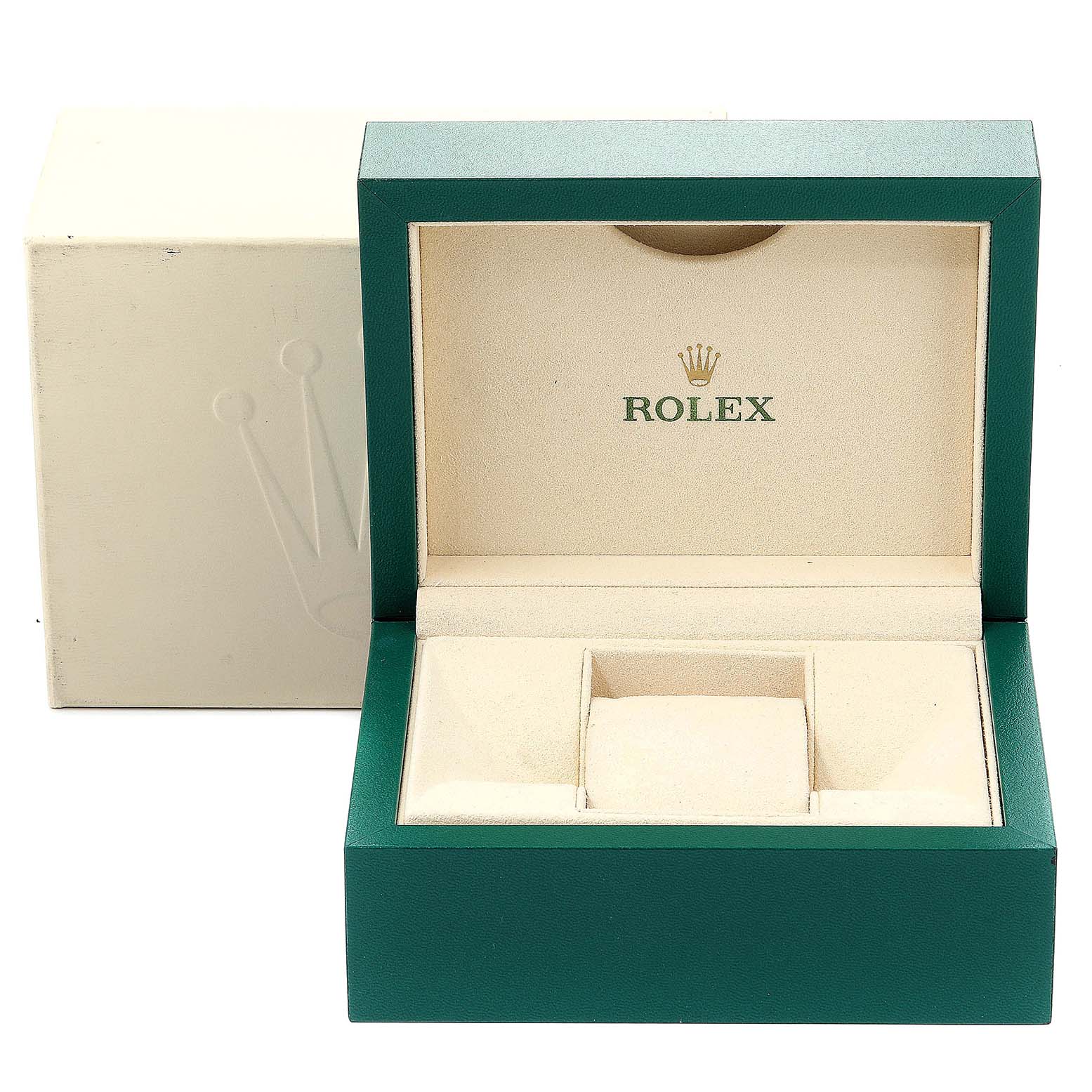 The image shows the open box of a Rolex Air-King 116900 Men's Stainless Steel Black Dial 116900 Men's Stainless Steel Black Dial watch, revealing its cushion and compartments for accessories.