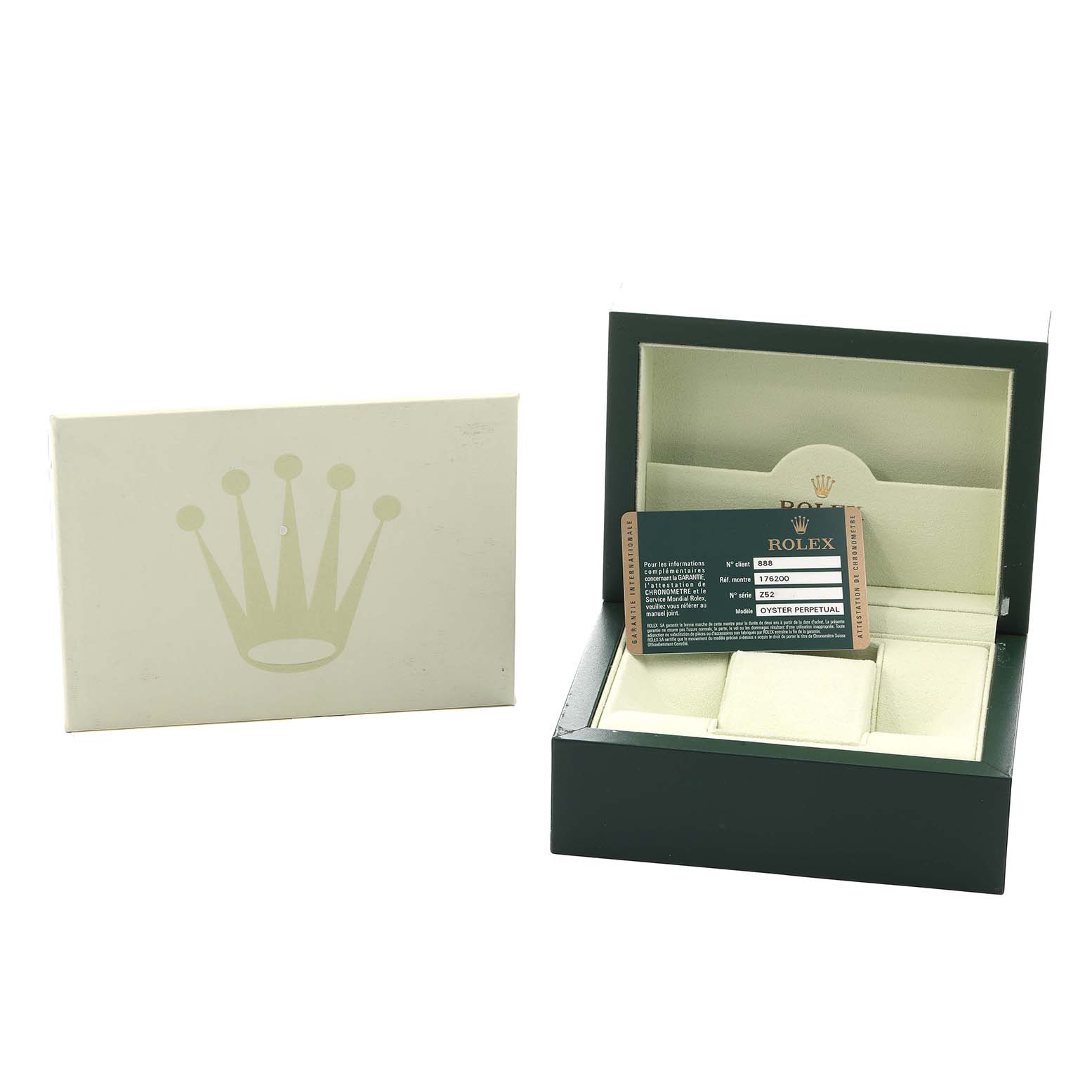 The image shows a Rolex Datejust 176200 Women's Stainless Steel Silver Dial box, certificate card, and outer packaging from an angled top view.