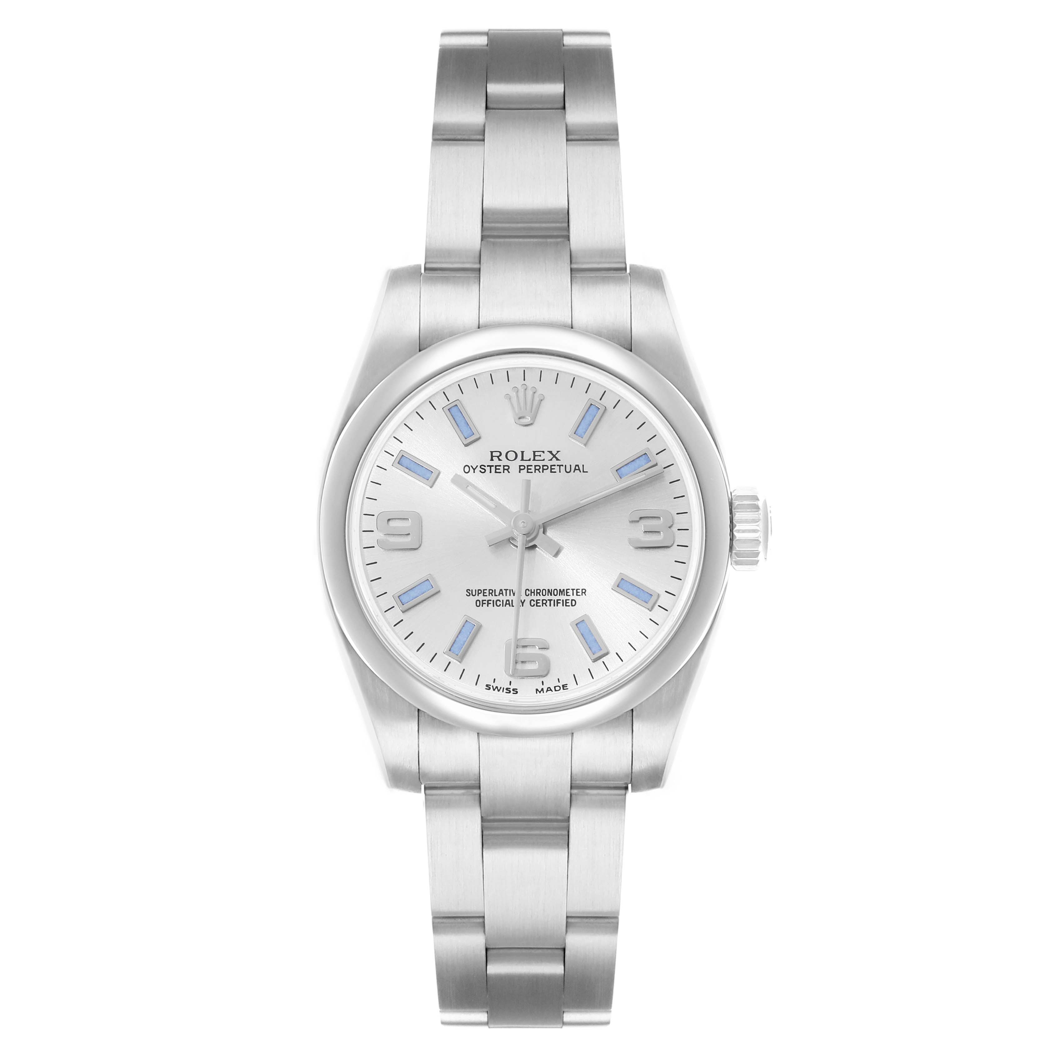 The Rolex Datejust 176200 Women's Stainless Steel Silver Dial watch is shown from the front, displaying the dial, case, bezel, and bracelet.