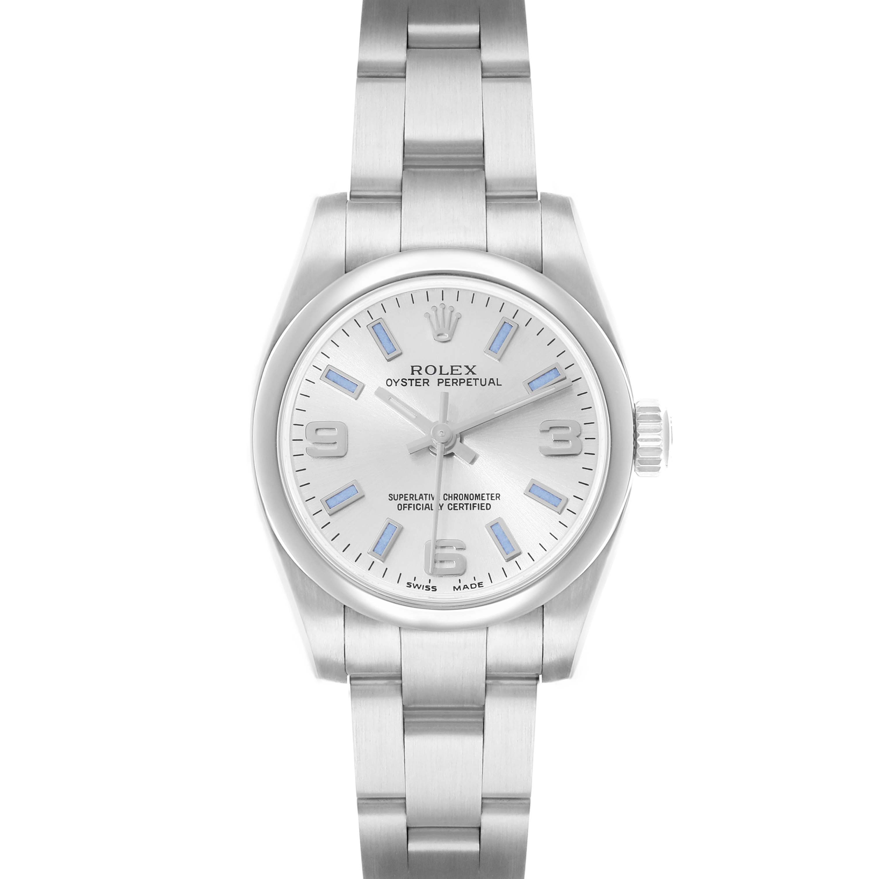 The Rolex Datejust 176200 Women's Stainless Steel Silver Dial watch is shown from a top-down angle, highlighting the dial, bezel, case, and bracelet.