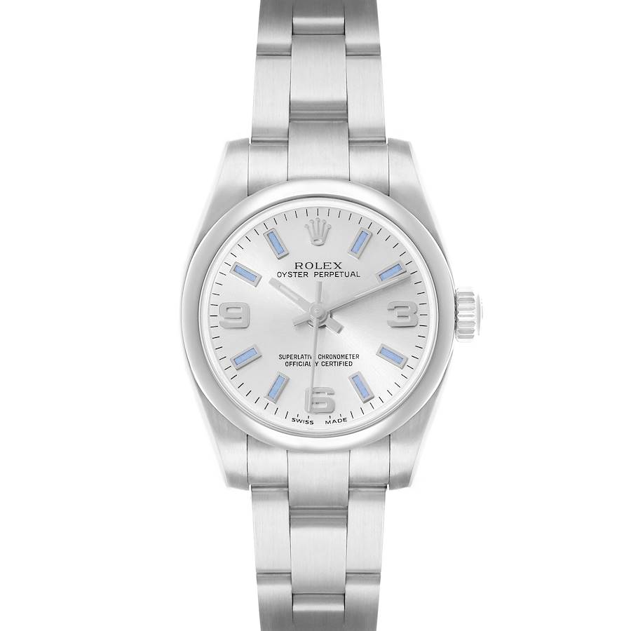 The Rolex Datejust 176200 Women's Stainless Steel Silver Dial watch is shown from a top-down angle, highlighting the dial, bezel, case, and bracelet.