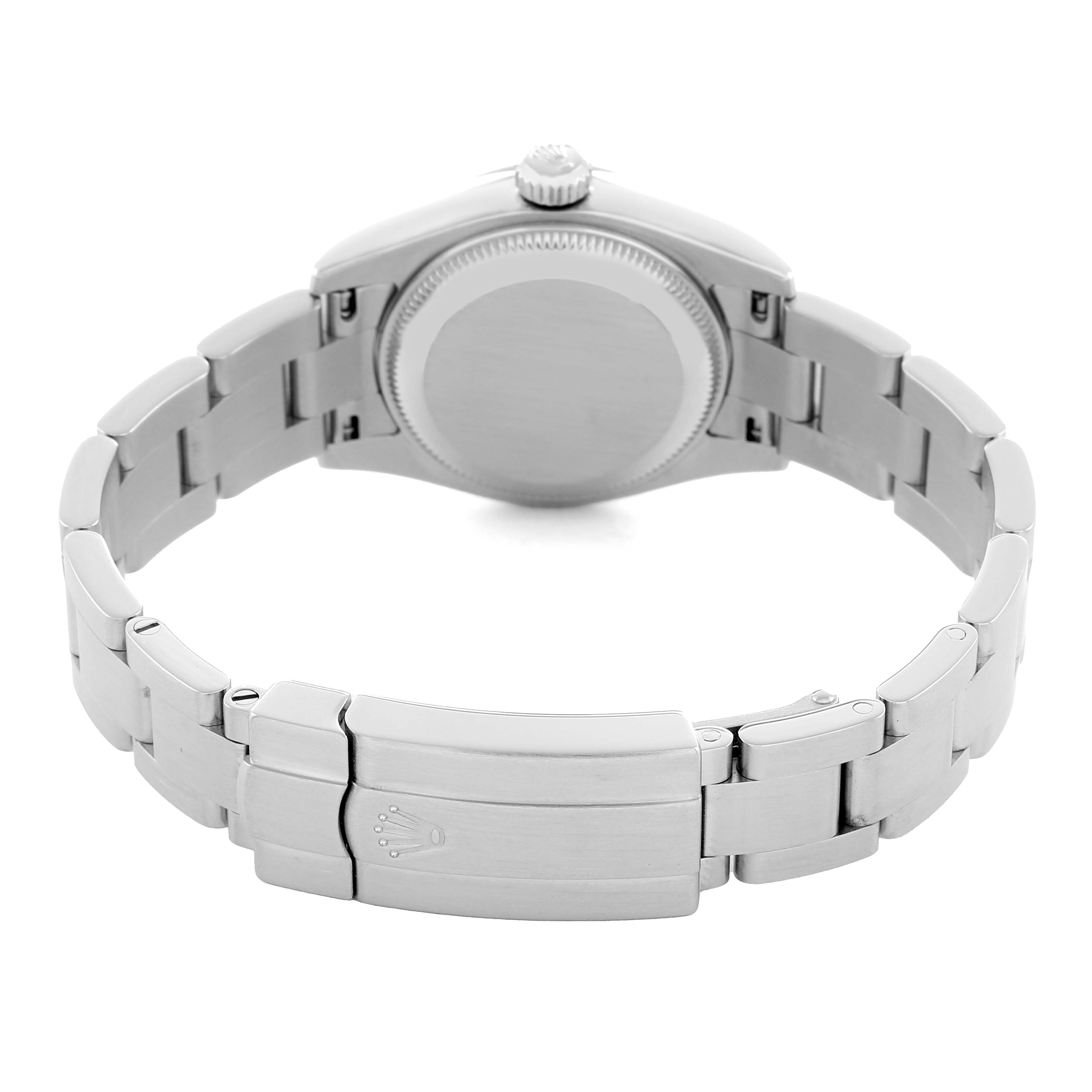 This image shows the back and bracelet of a Rolex Datejust 176200 Women's Stainless Steel Silver Dial watch, focusing on the clasp and case back.