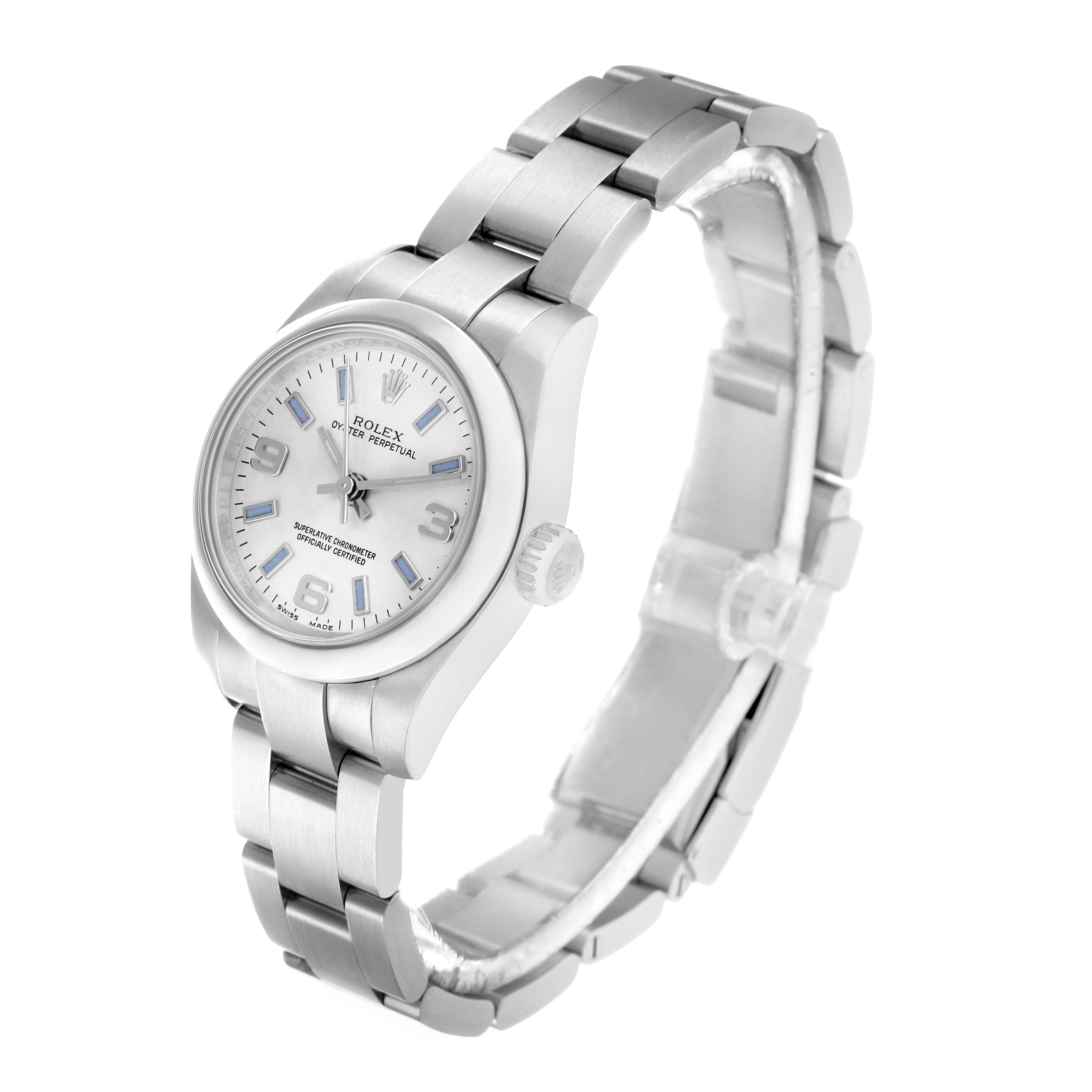 The Rolex Datejust 176200 Women's Stainless Steel Silver Dial watch is shown at a three-quarter angle, displaying the face, band, and crown.