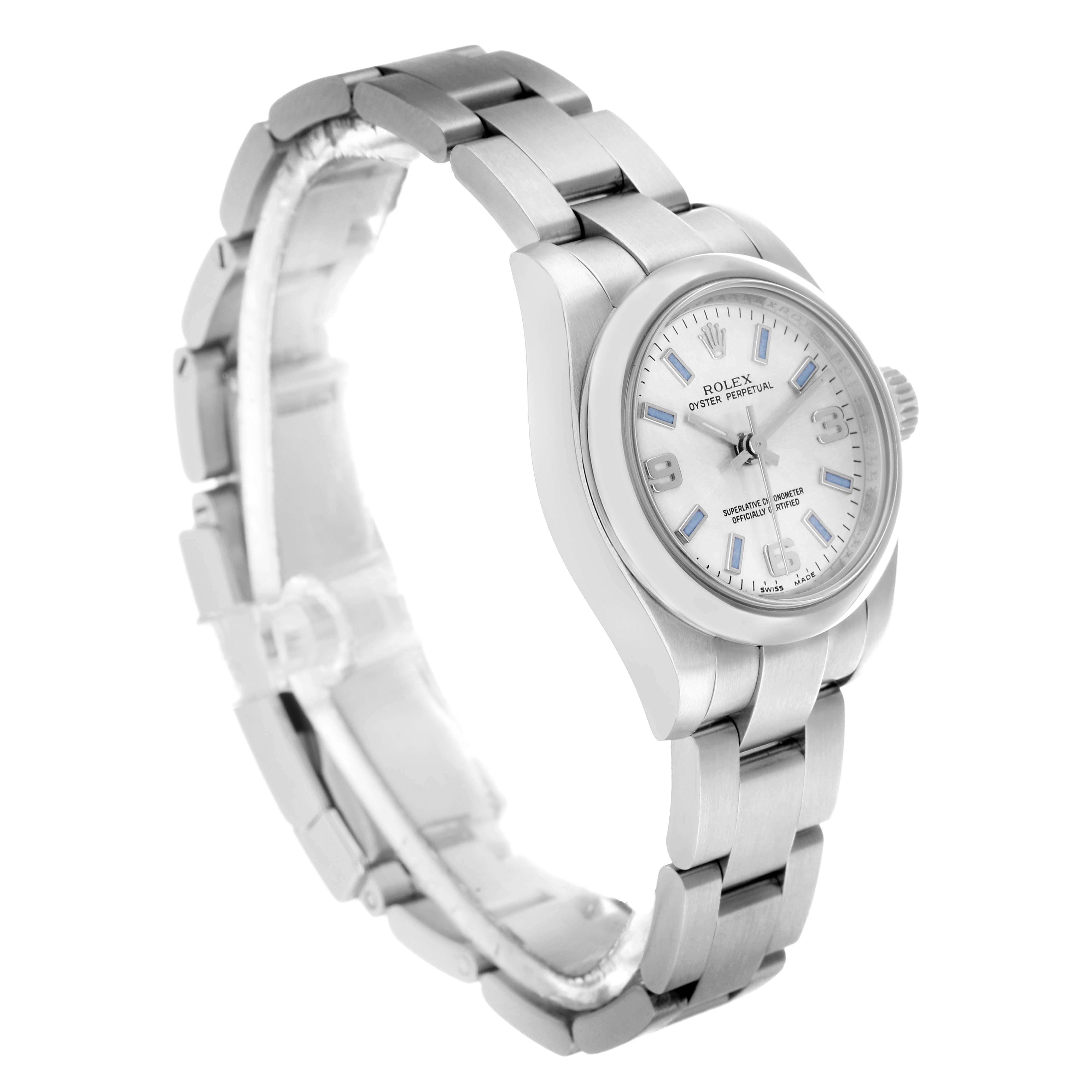 The Rolex Datejust 176200 Women's Stainless Steel Silver Dial watch is shown at a three-quarter angle, highlighting the face, bezel, and part of the bracelet.