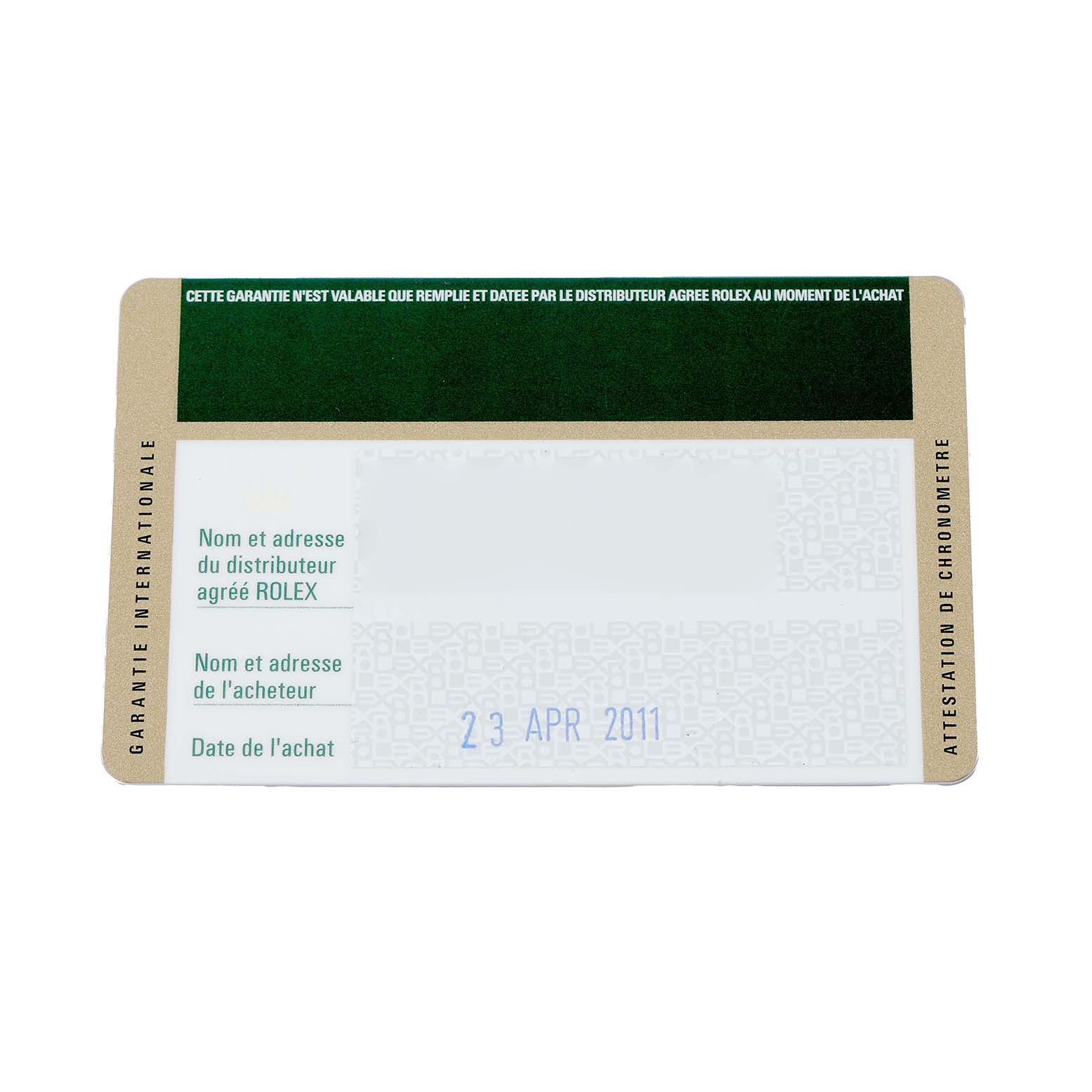 The image shows an international warranty card for a Rolex Datejust 176200 Women's Stainless Steel Silver Dial watch.