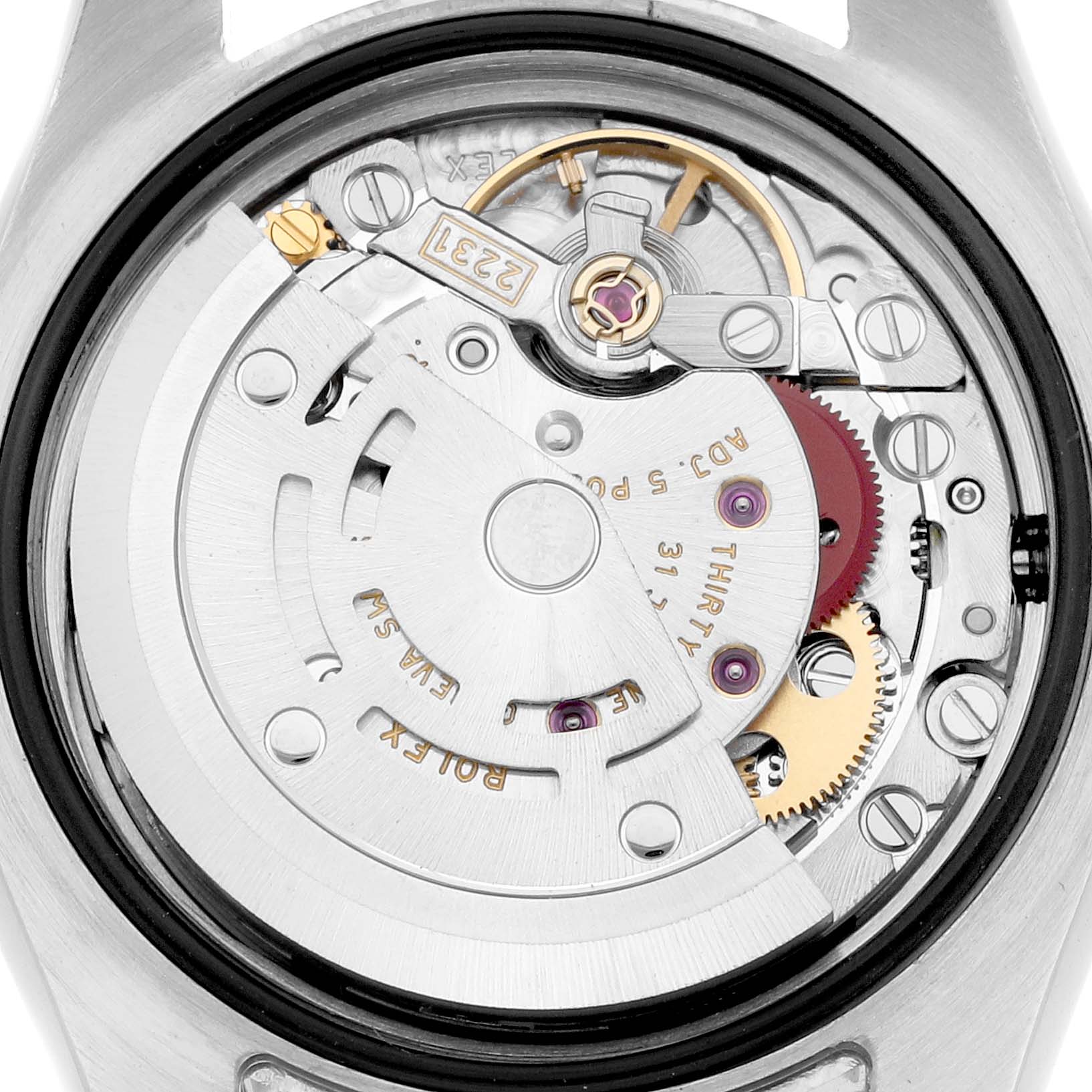 This image shows the internal movement from the back angle of a Rolex Datejust 176200 Women's Stainless Steel Silver Dial watch.