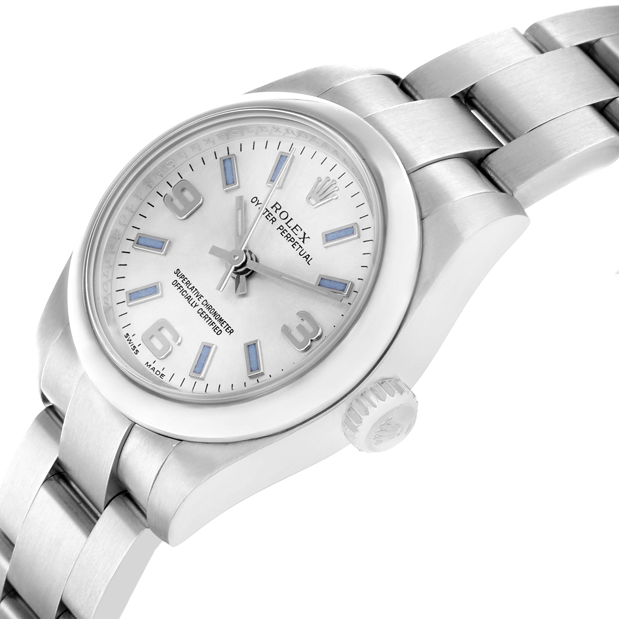 The Rolex Datejust 176200 Women's Stainless Steel Silver Dial watch is shown at an angle highlighting the face, bezel, crown, and bracelet links.