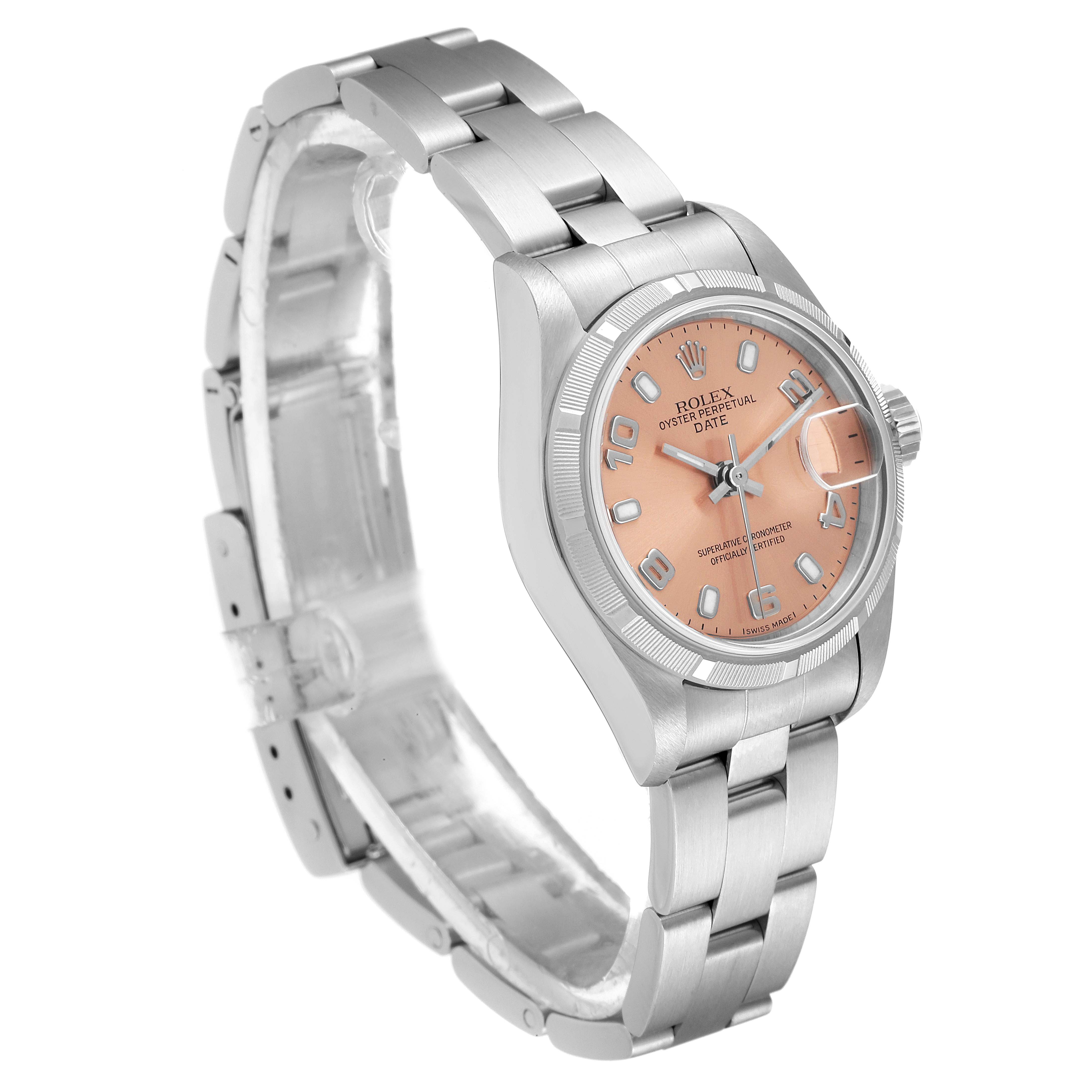 The image shows a Rolex Date 69190 Women's Stainless Steel Pink Dial 69190 Women's Stainless Steel Pink Dial model watch from a side angle, displaying its strap, case, dial, and crown.
