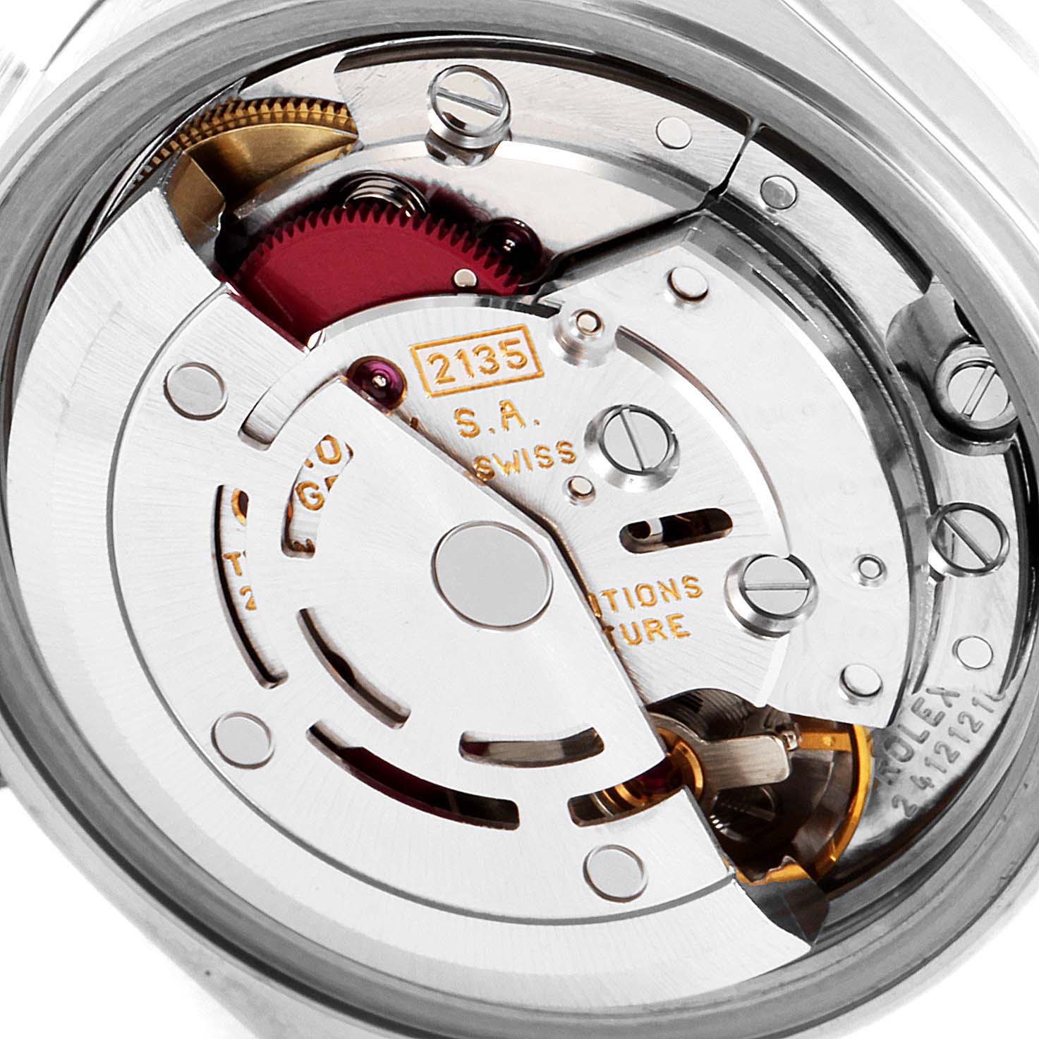 The image shows a close-up of the Rolex Date 69190 Women's Stainless Steel Pink Dial 69190 Women's Stainless Steel Pink Dial model's movement, highlighting its internal mechanical components.