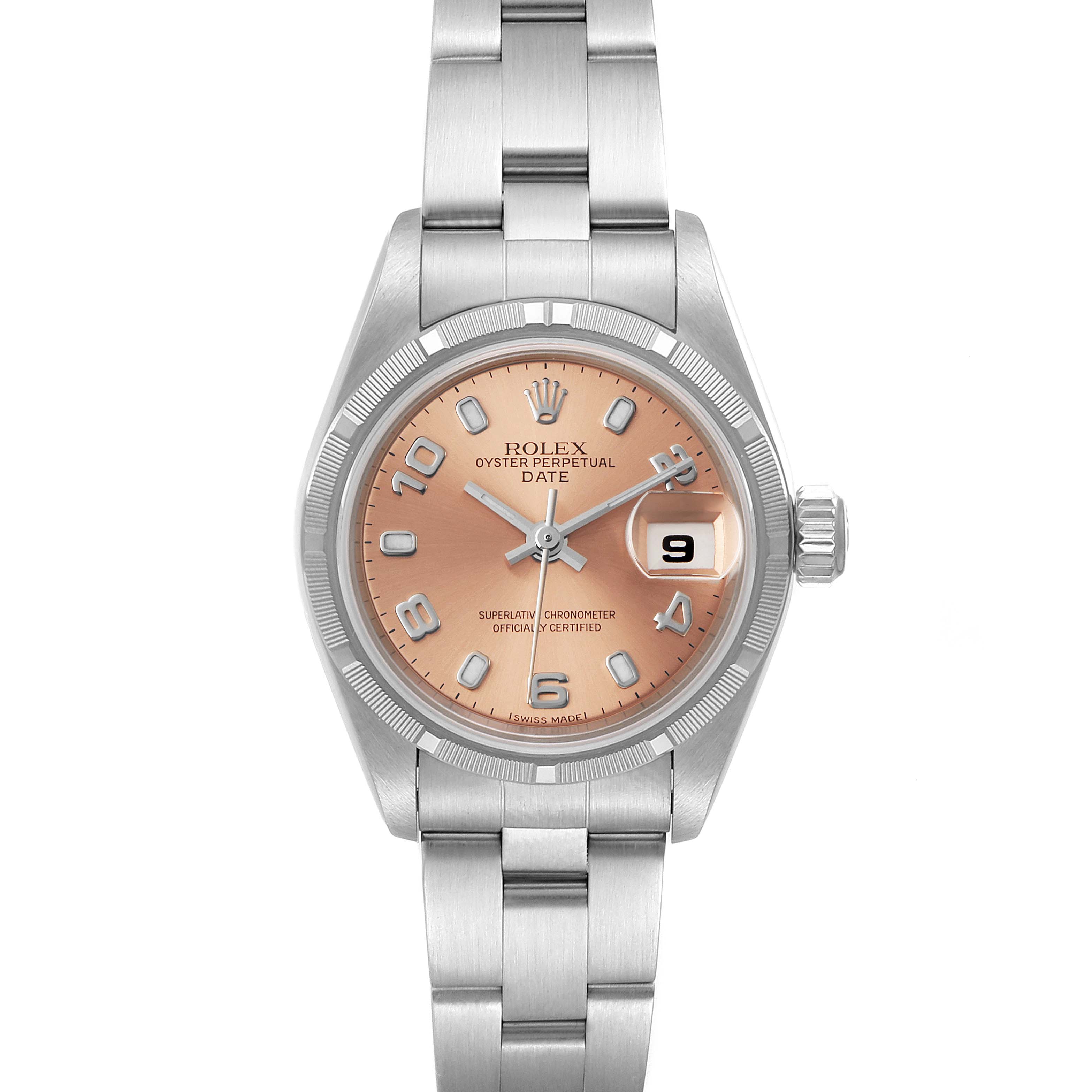 This Rolex Date 69190 Women's Stainless Steel Pink Dial 69190 Women's Stainless Steel Pink Dial model watch is shown from a front angle, displaying its face, bezel, and bracelet.