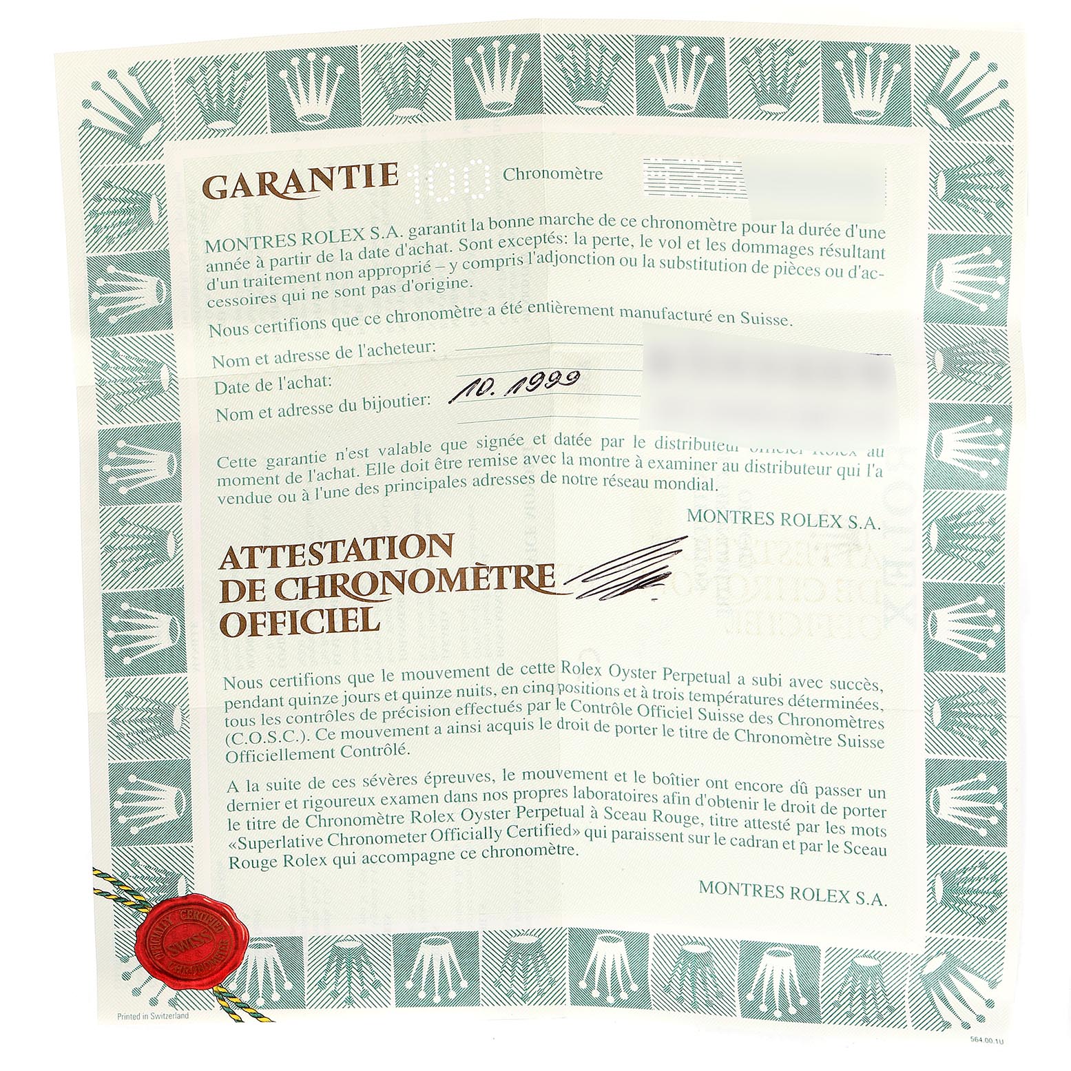 The image shows the warranty and official chronometer certificate for a Rolex Date 69190 Women's Stainless Steel Pink Dial 69190 Women's Stainless Steel Pink Dial model watch from 1999.