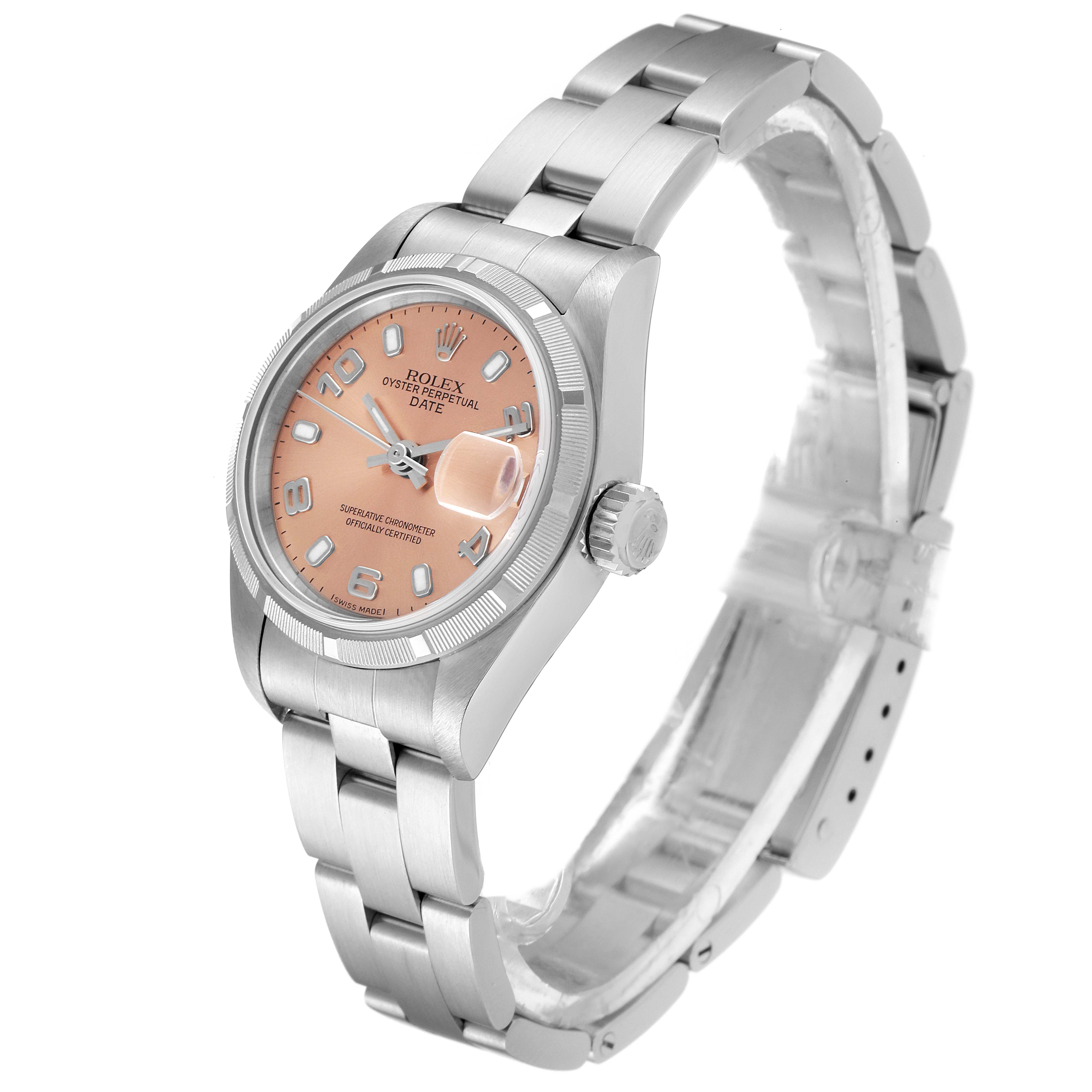 The Rolex Date 69190 Women's Stainless Steel Pink Dial 69190 Women's Stainless Steel Pink Dial model watch is shown at a three-quarter angle, displaying its face, bracelet, and crown.