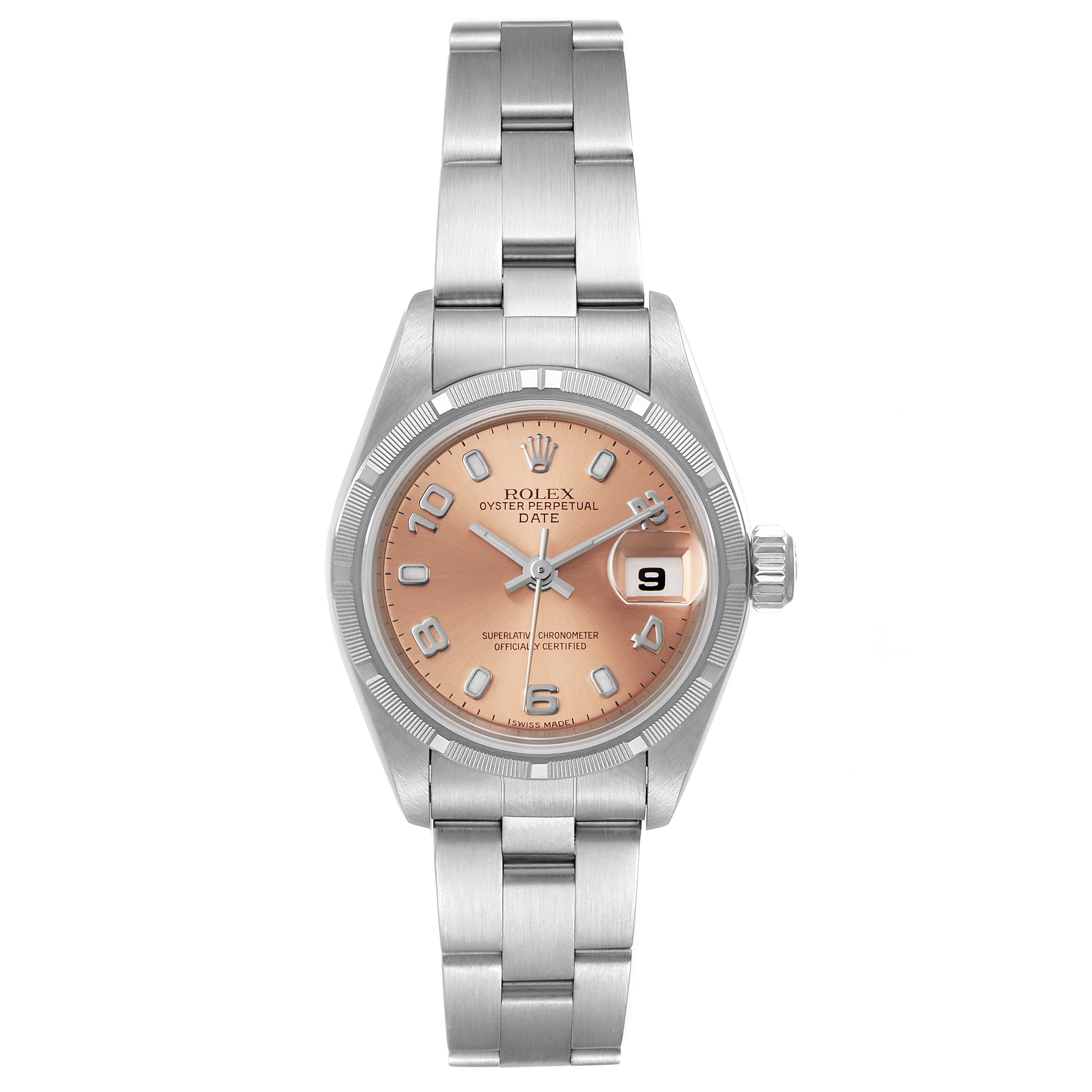 This Rolex Date 69190 Women's Stainless Steel Pink Dial 69190 Women's Stainless Steel Pink Dial model watch is shown from a front angle, highlighting its dial, bracelet, and crown.
