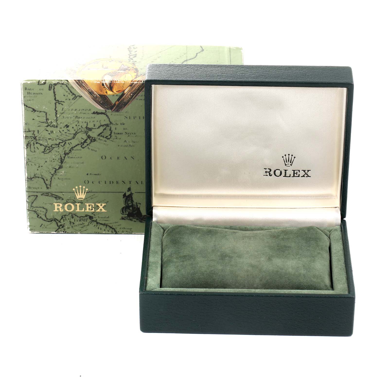 The image shows an open Rolex Date 69190 Women's Stainless Steel Pink Dial 69190 Women's Stainless Steel Pink Dial watch box with a green cushion inside and a branded outer box behind it.