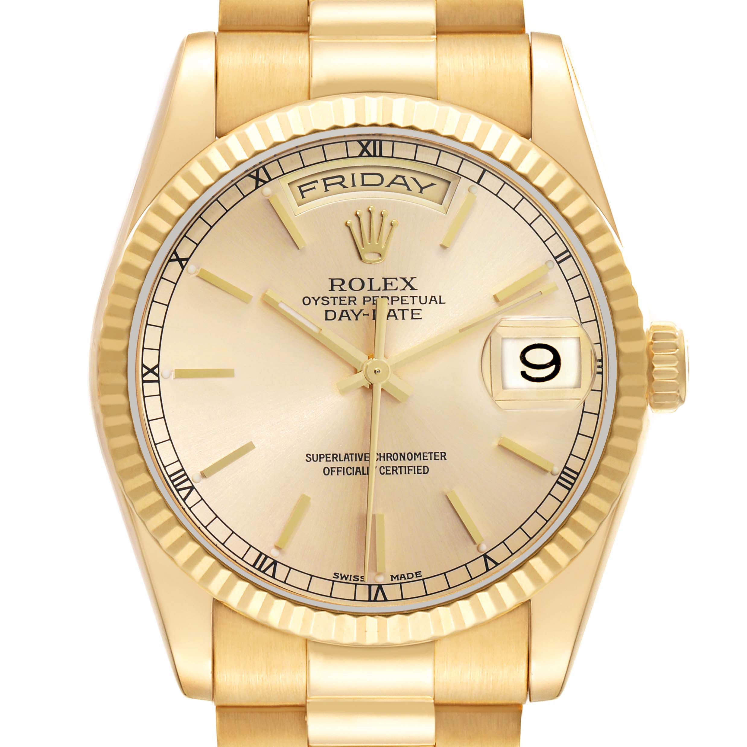 The Rolex President 118238 Men
s Yellow Gold Champagne Dial model is shown from the front, displaying the dial, day-date feature, bezel, and part of the bracelet.