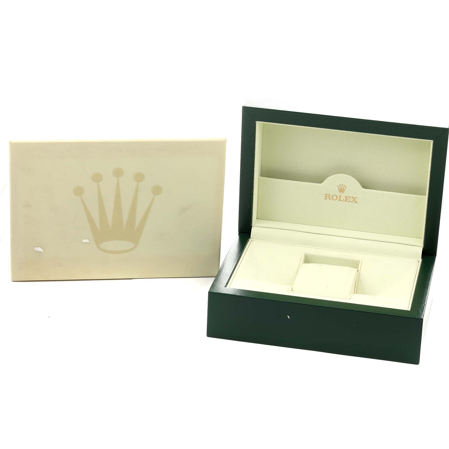 The image shows the open box and outer packaging for the Rolex President 118238 Men
s Yellow Gold Champagne Dial watch model, showcasing the brand
s logo.