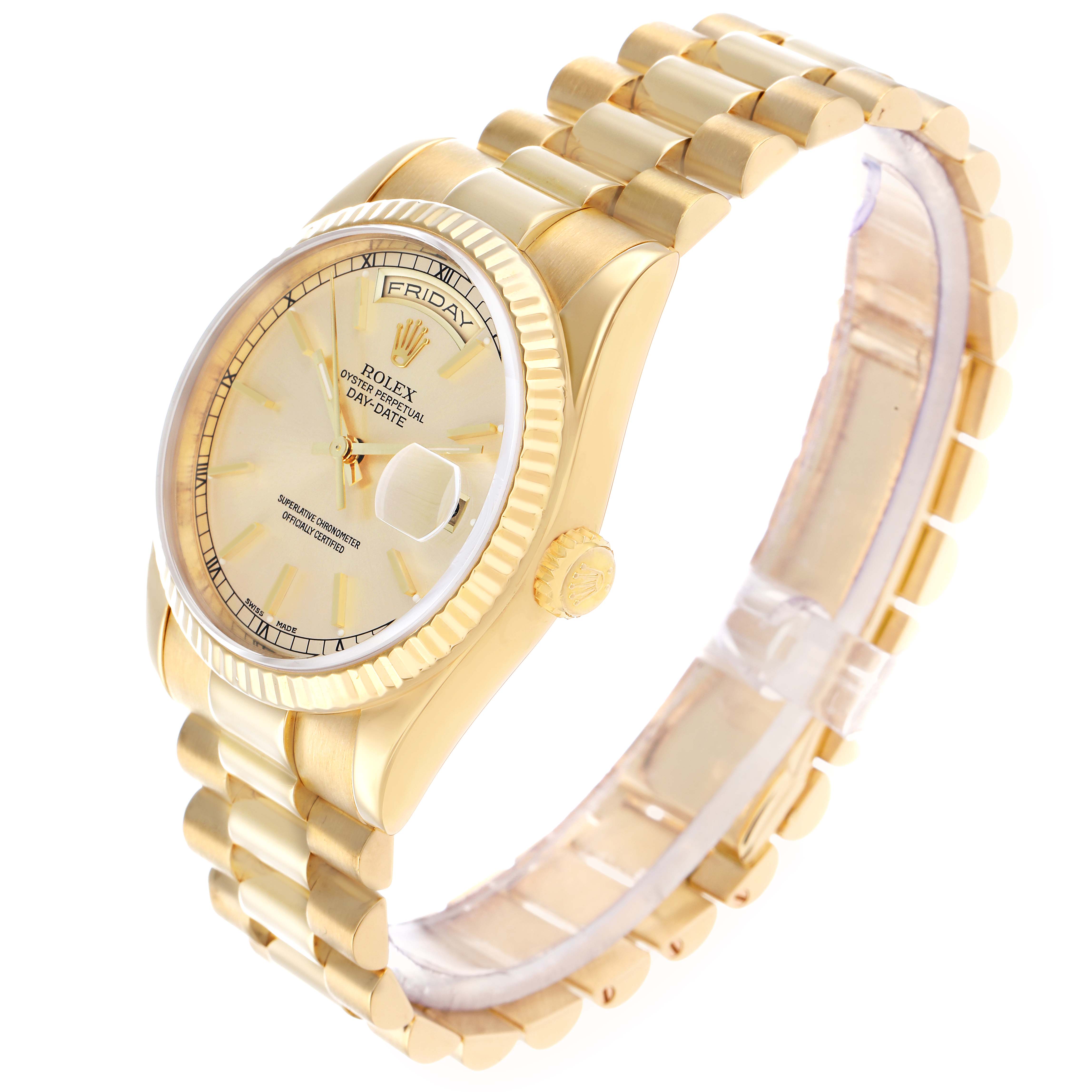 The Rolex President 118238 Men
s Yellow Gold Champagne Dial watch is shown at a tilted angle displaying the face, bezel, bracelet, and part of the crown.