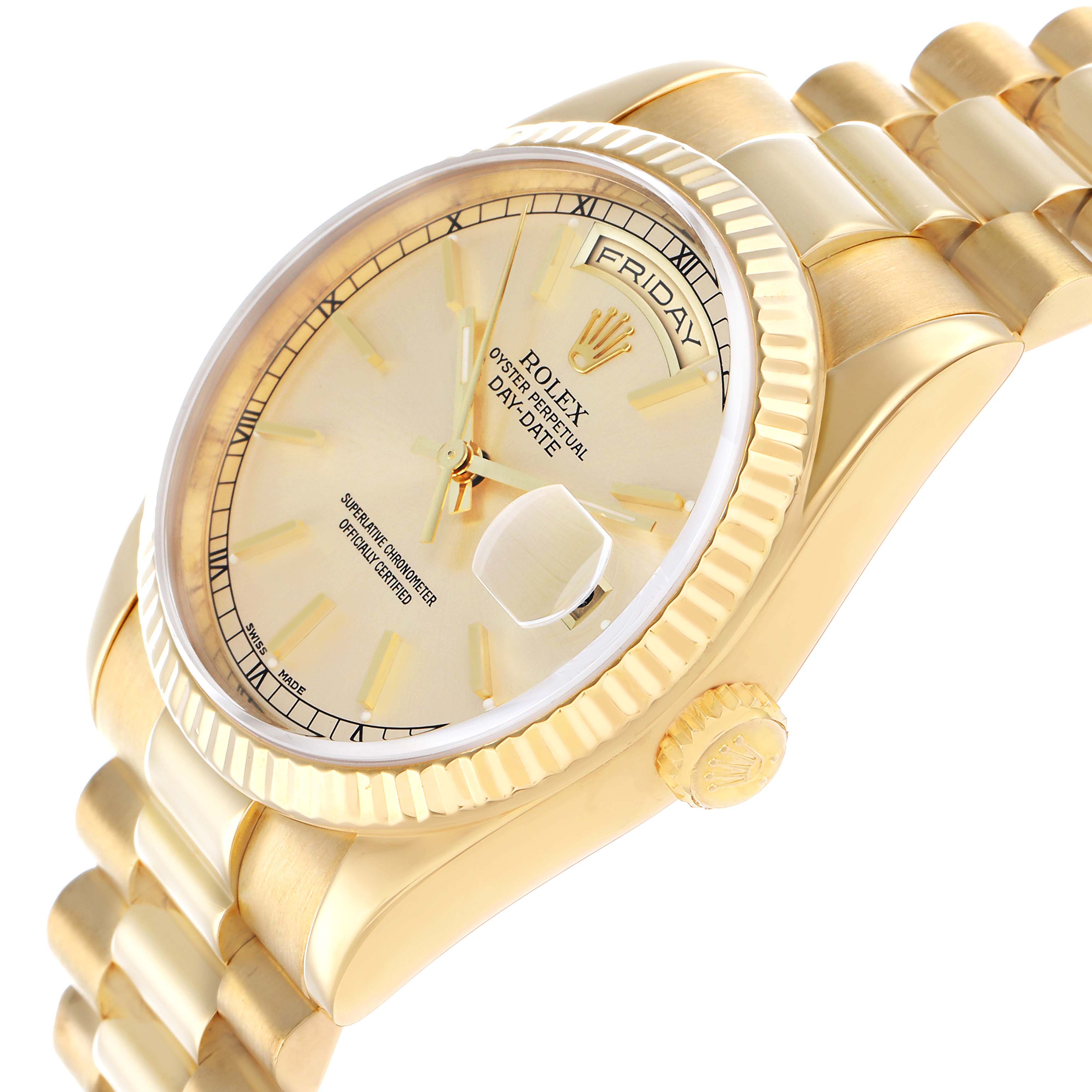 The Rolex President 118238 Men
s Yellow Gold Champagne Dial model is shown at an angle highlighting the face, bracelet, crown, and fluted bezel.