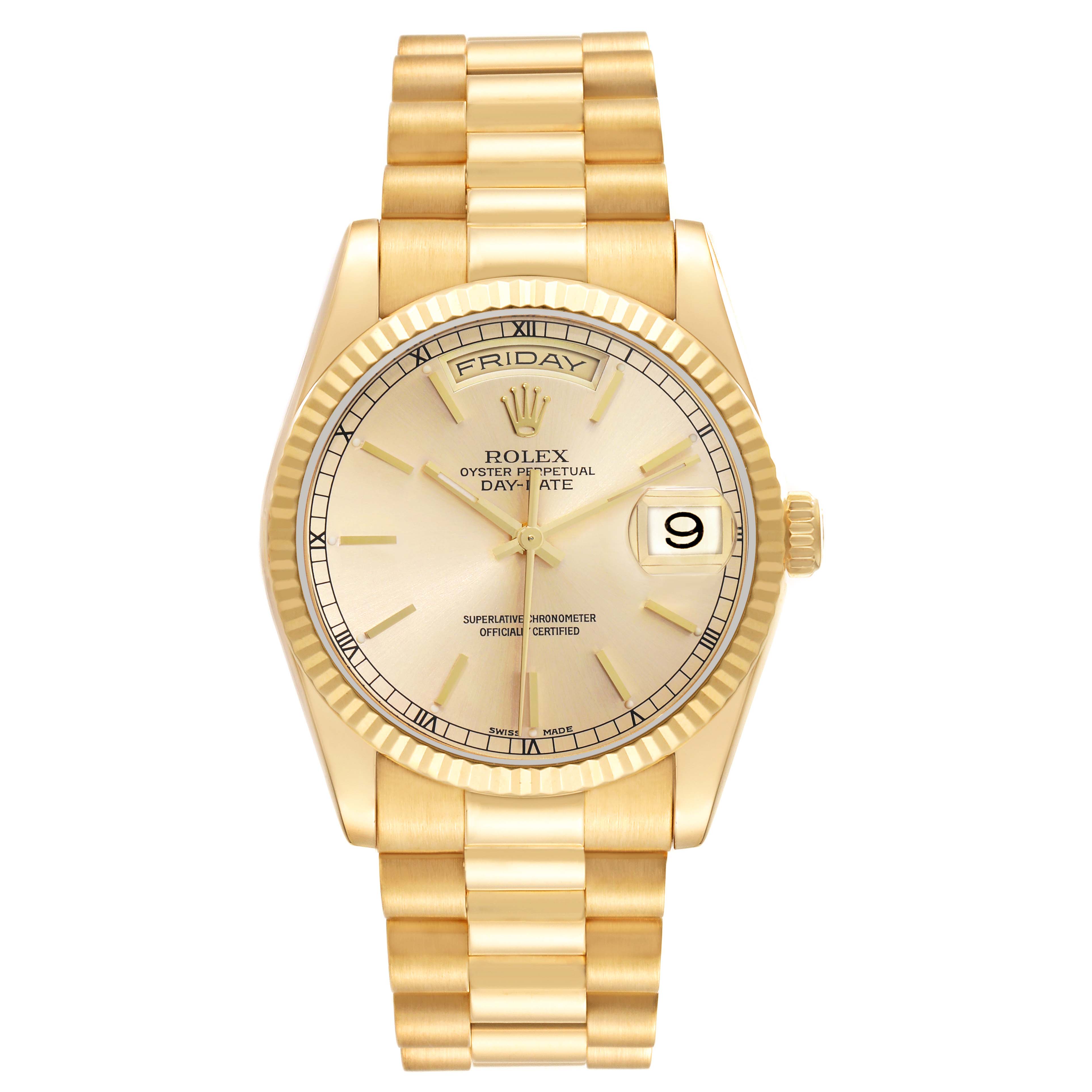The Rolex President 118238 Men
s Yellow Gold Champagne Dial model is shown from the front, displaying the dial, bezel, bracelet, and day-date features.