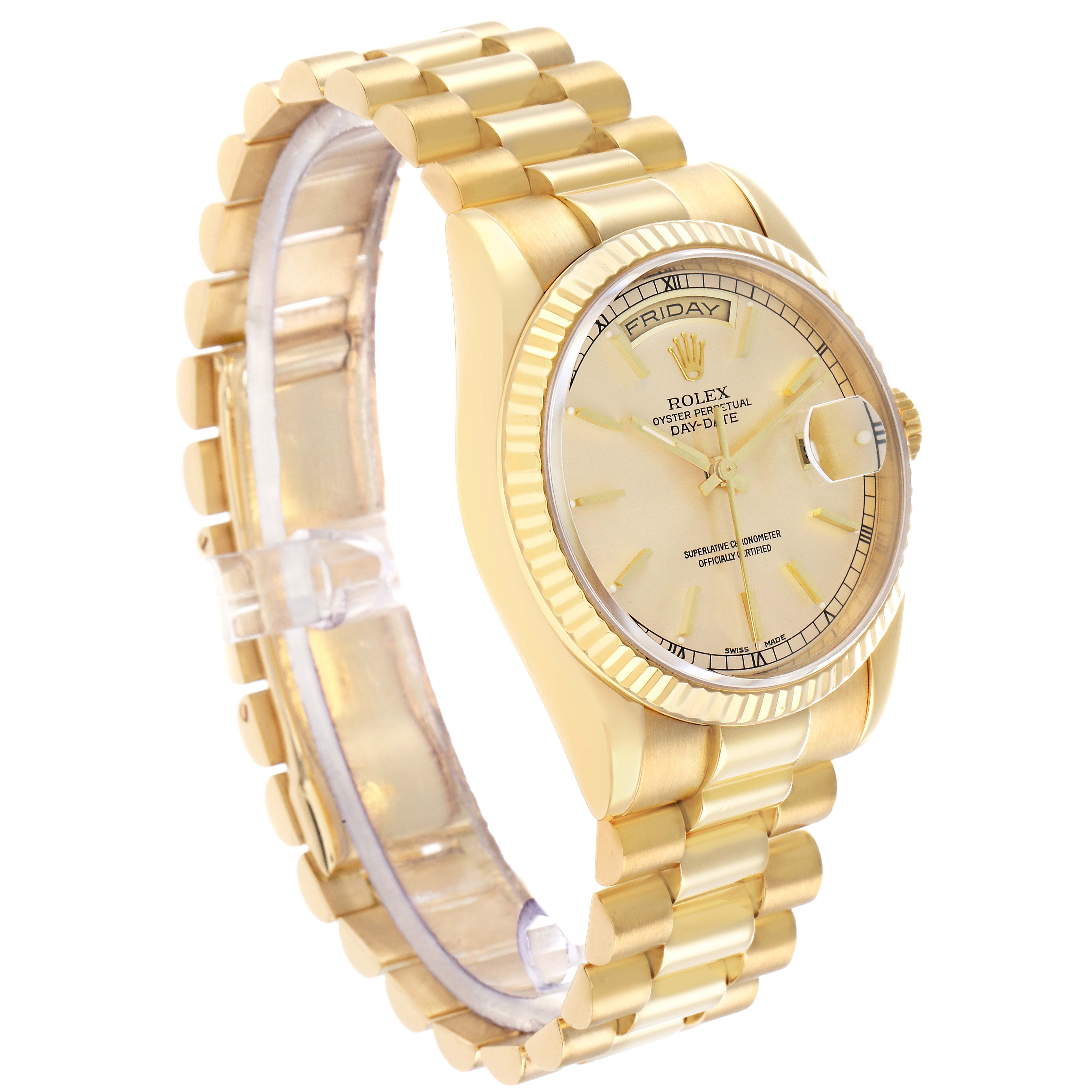 The Rolex President 118238 Men
s Yellow Gold Champagne Dial model watch is shown at a three-quarter angle, highlighting the bracelet, case, and dial.
