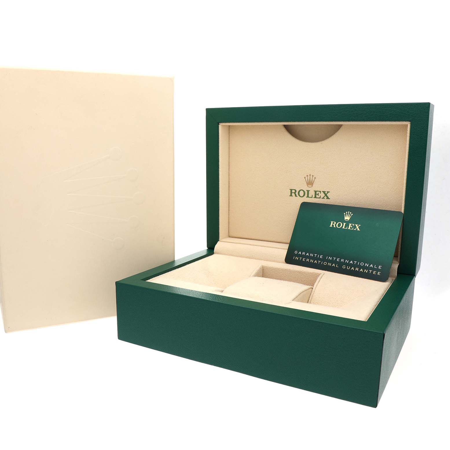 The image shows an open Rolex President 228239 Men's White Gold Blue Dial watch box with guarantee card and outer packaging.