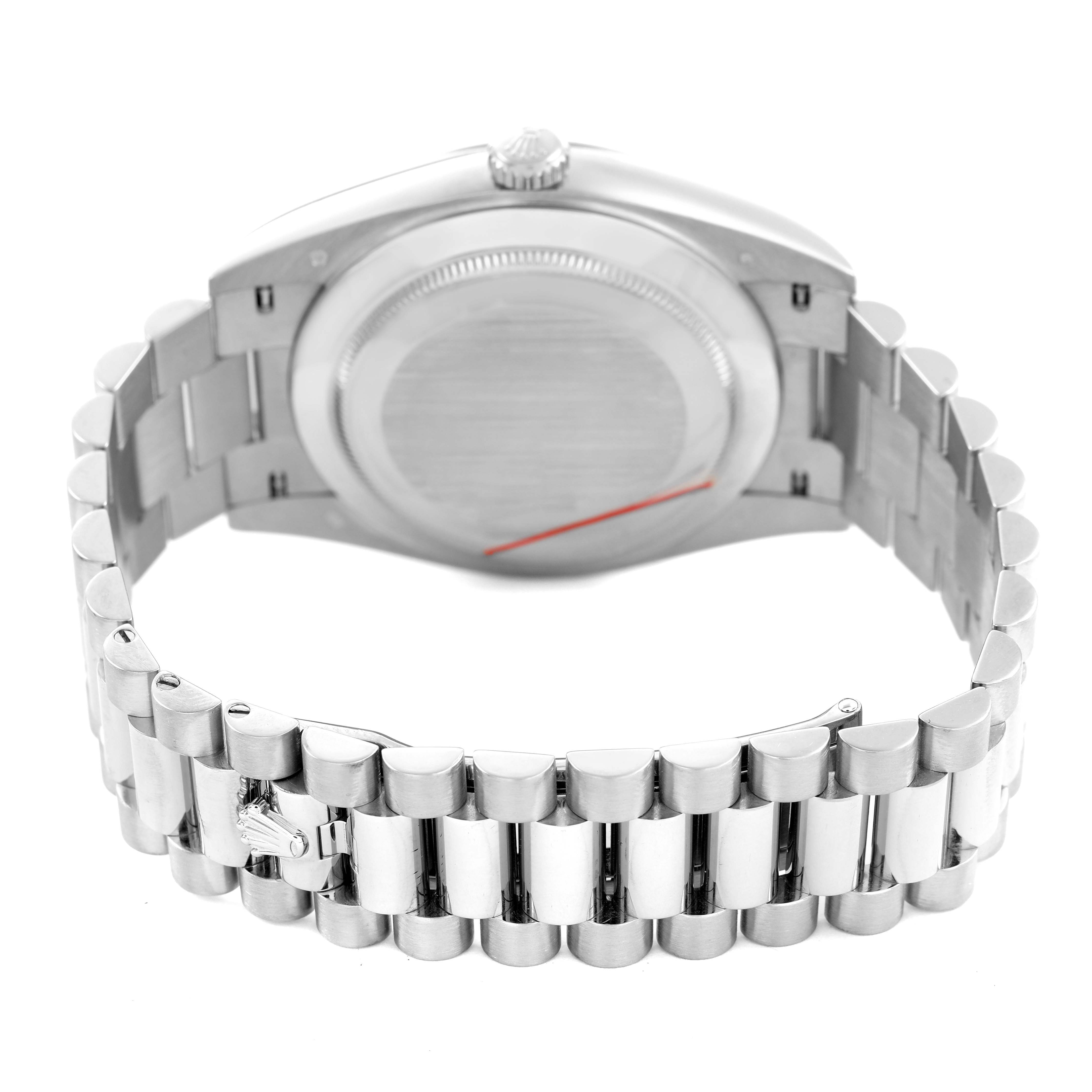 The image shows the backside of a Rolex President 228239 Men's White Gold Blue Dial model watch, highlighting the bracelet and case back.