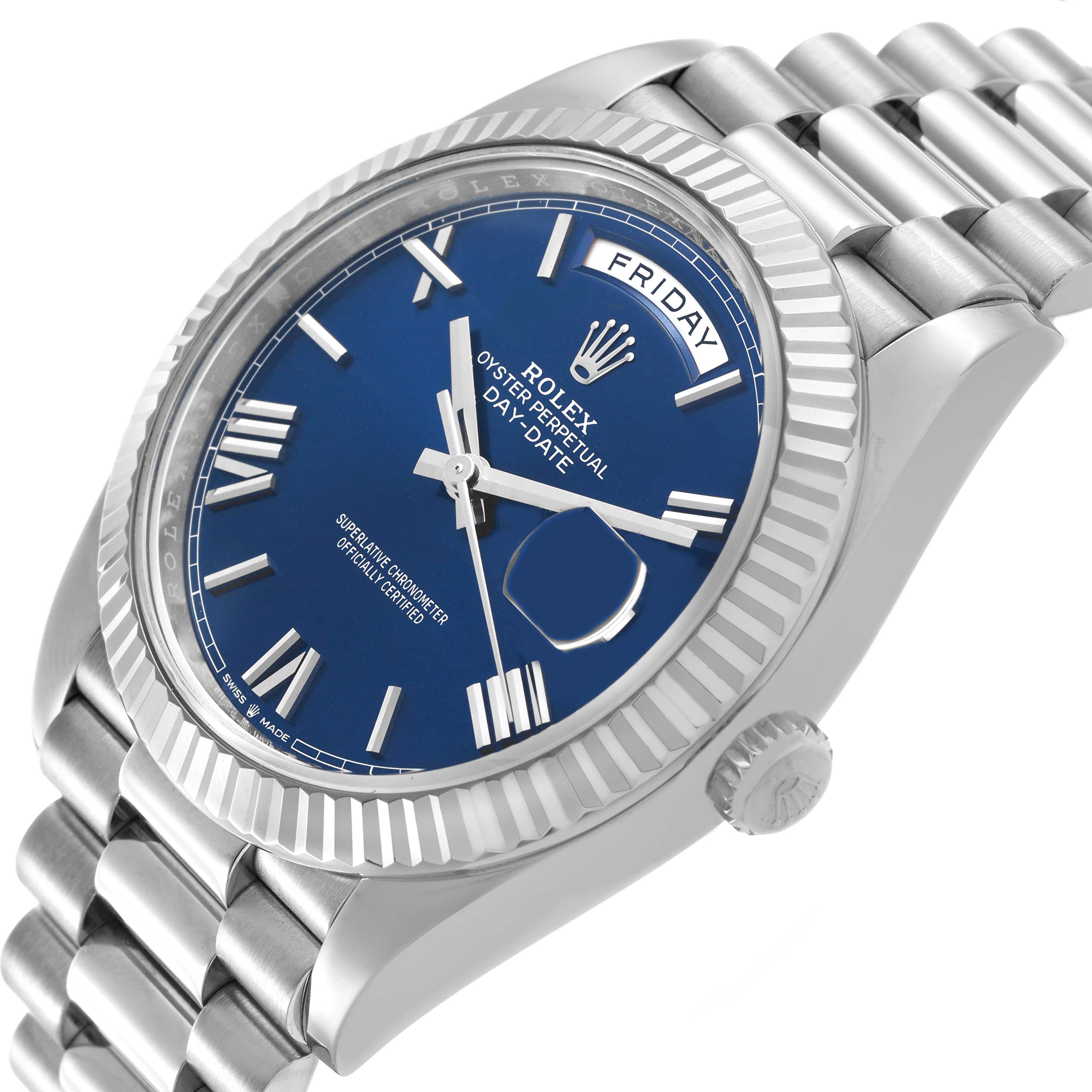 The Rolex President 228239 Men's White Gold Blue Dial model watch is shown at a slight angle, highlighting the blue dial, fluted bezel, and bracelet.