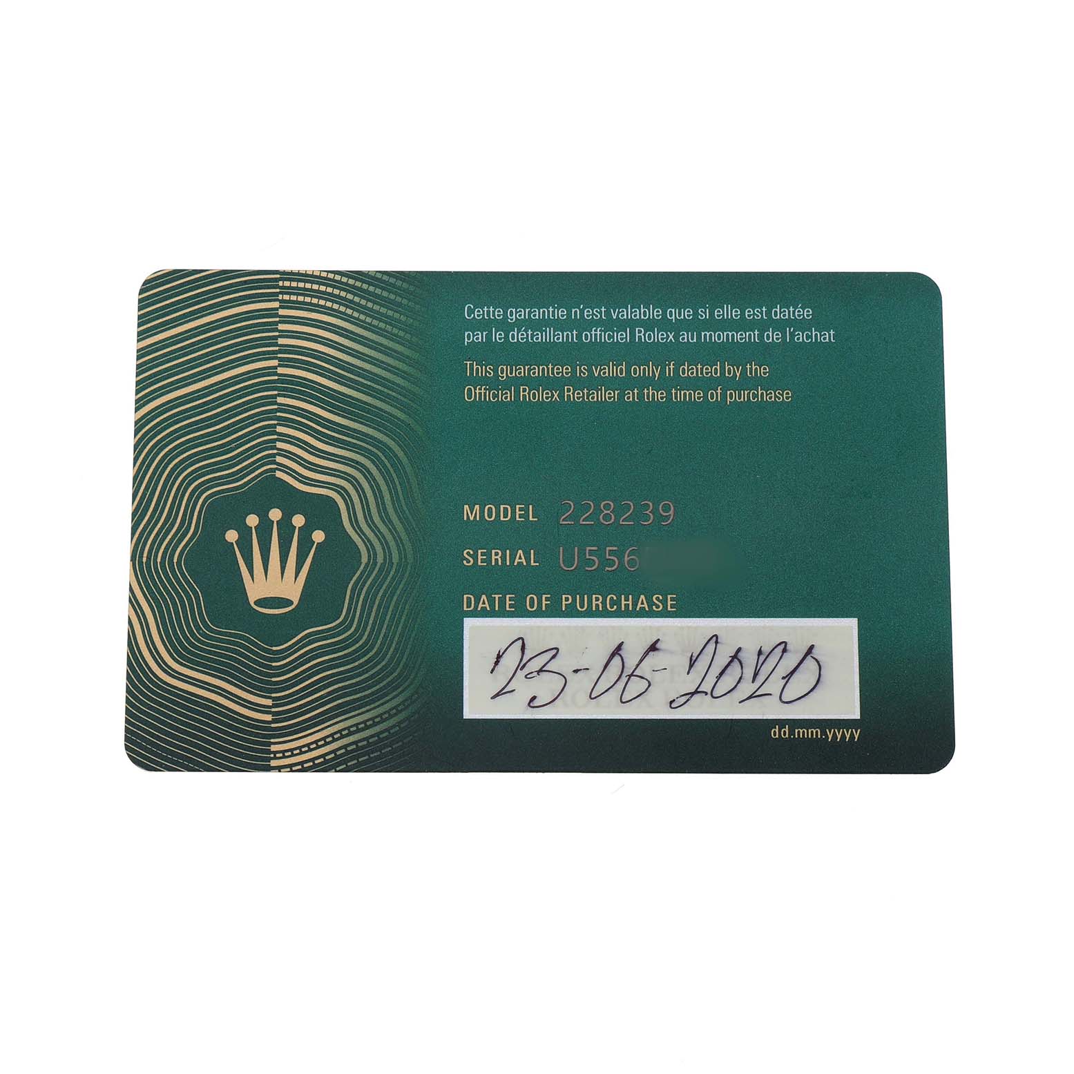 The image shows a warranty card for the Rolex President 228239 Men's White Gold Blue Dial model with model number 228239 and purchase date.