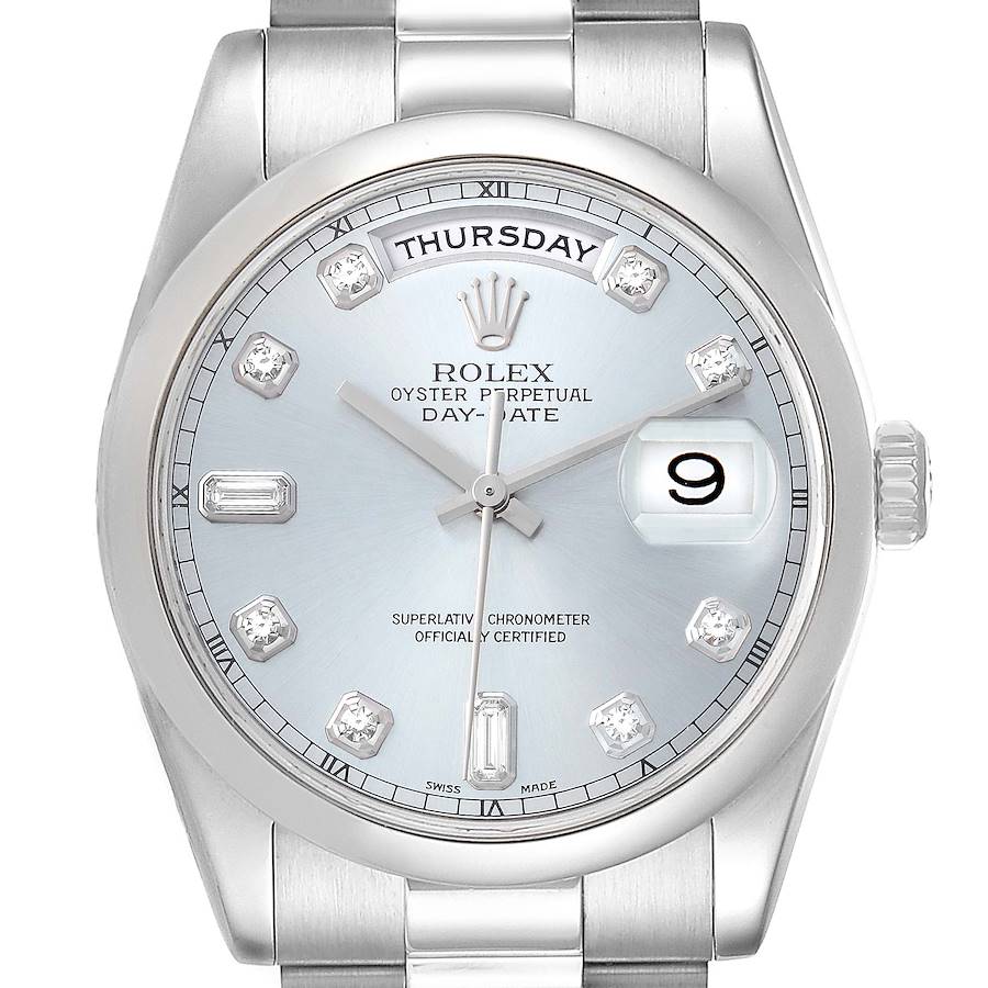 Rolex President Day-Date Platinum Silver Diamond Dial Mens Watch 118206 SwissWatchExpo