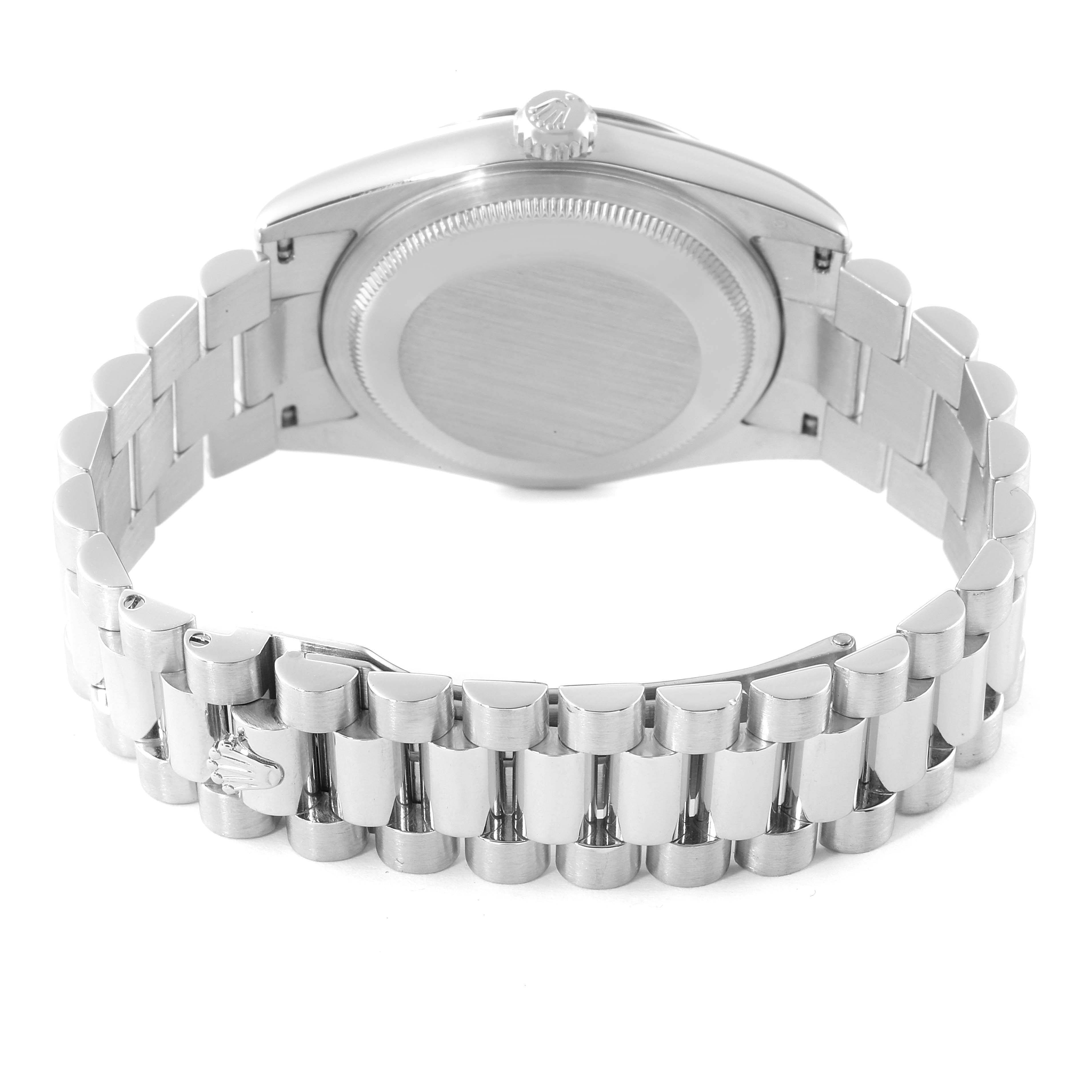 This image shows the back case and bracelet of a Rolex President 118206 Men's Platinum Blue Dial 118206 Men's Platinum Blue Dial model watch from a rear angle.