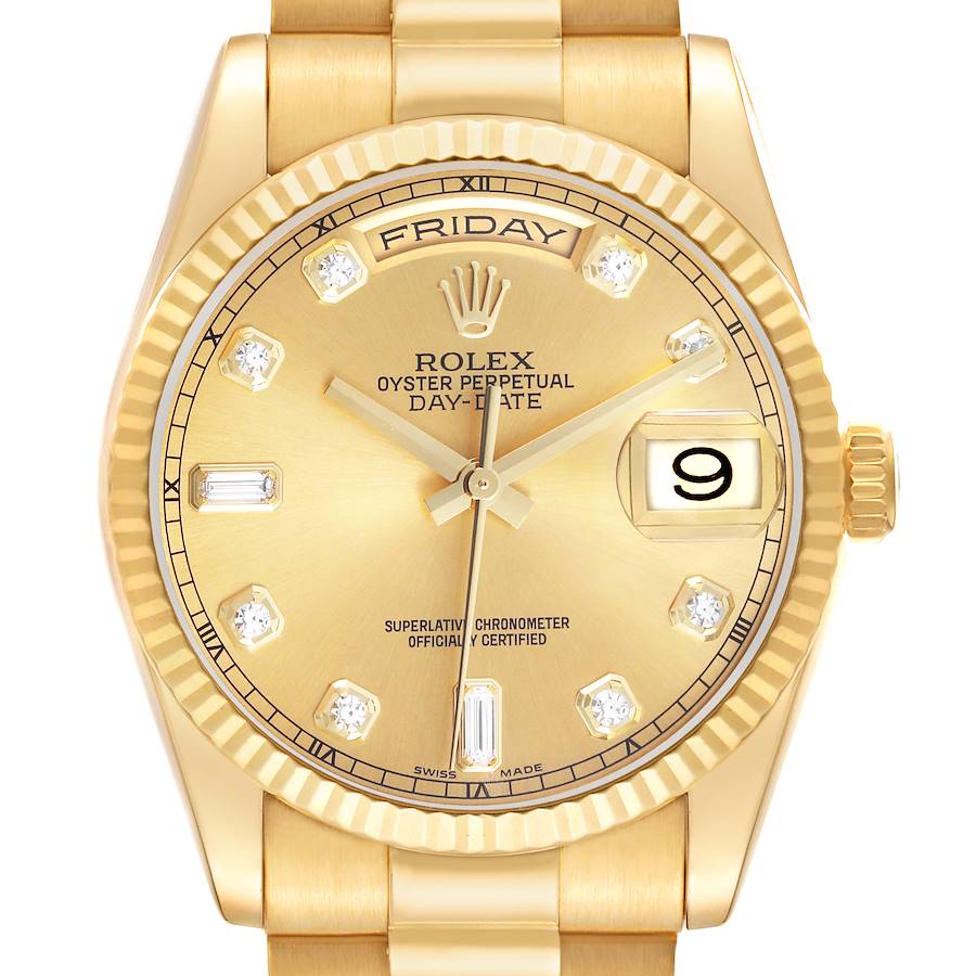 The Rolex President 118238 Men's Yellow Gold Champagne Dial watch is shown from a front angle, displaying the dial, day-date window, hands, and part of the bracelet.