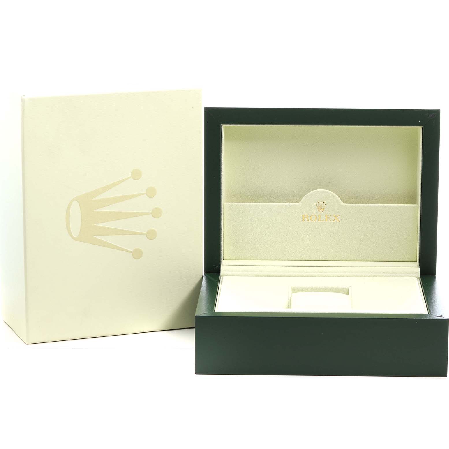 The image shows the open box and outer packaging for a Rolex President 118238 Men's Yellow Gold Champagne Dial model.